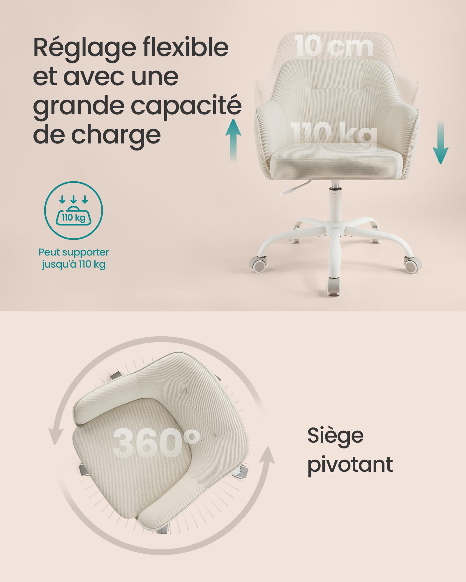 SONGMICS Chaise de Bureau, Fauteuil Ergonomique, Réglable en Hauteur