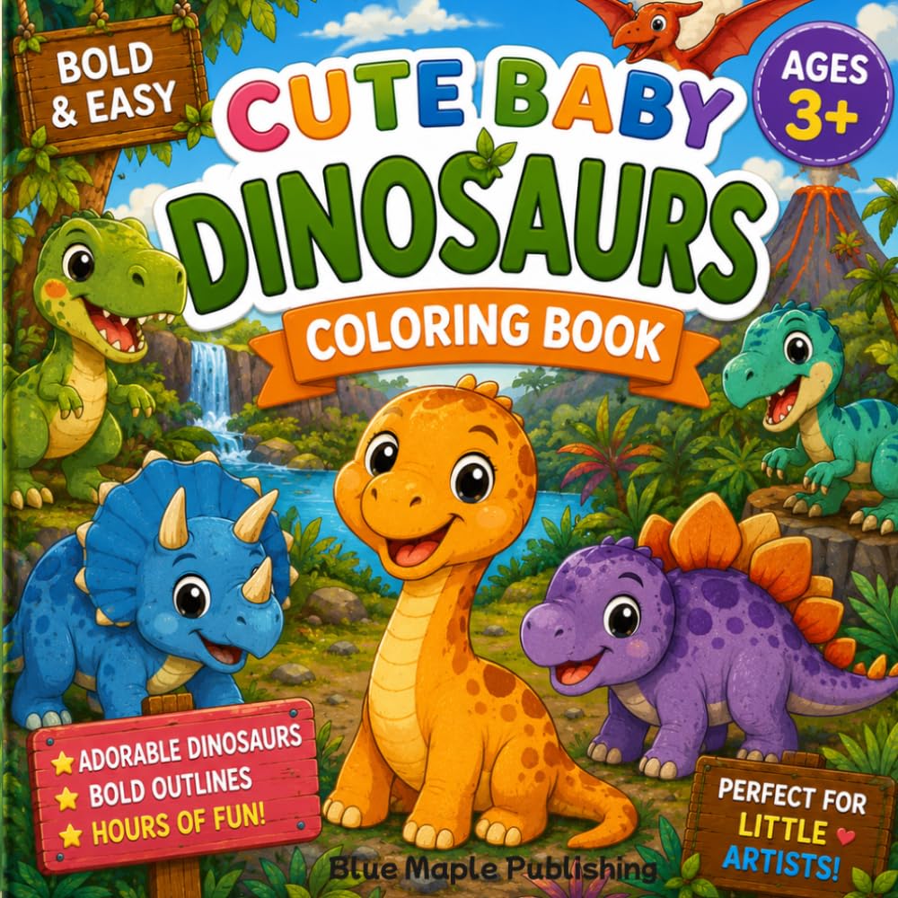 Cute Baby Dinosaurs Coloring Book: Bold & Easy Coloring Pages for Kids Ages 3+ (Cute Baby Animals Coloring Book)