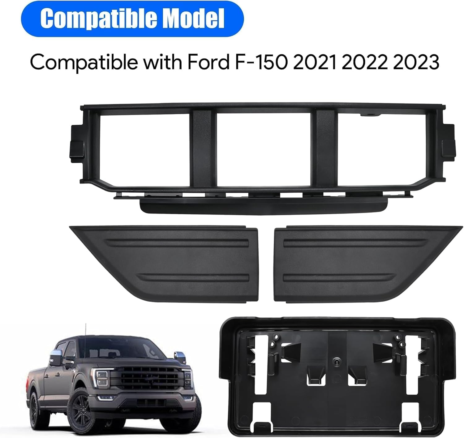 Front Bumper Grille Corner Panel Cover Front License Plate Bracket Compatible with Ford F150 2021 2022 2023 Replace ML3Z17B968BB ML3Z17B968BA ML3Z-17E810-AA ML3Z-17E811-A ML3Z-17A385-BB