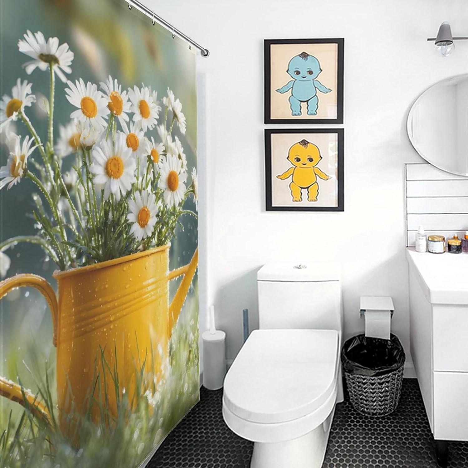 Daisies Watering Can Grass Shower Curtain 46.85x70.87Inch（119x180cm） Polyester Bath Curtain Shower Curtains Printed Decorative
