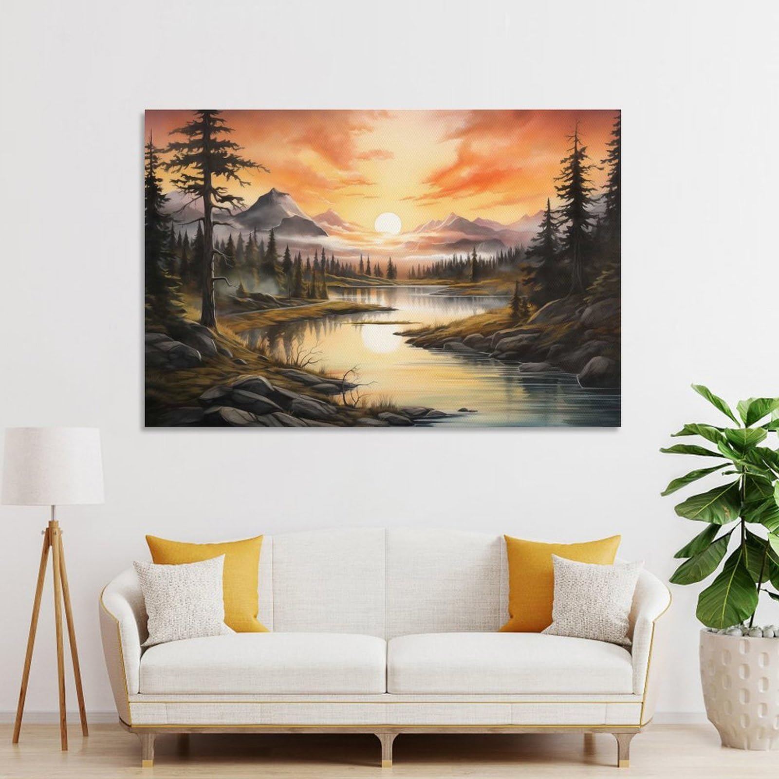 Junmoney Sunset Mountain Lake Wall Art Print 24x36inch(60x90cm), for Corridors, Hallways Or Apartment Entries, Wall Decor to Refresh Empty Corners