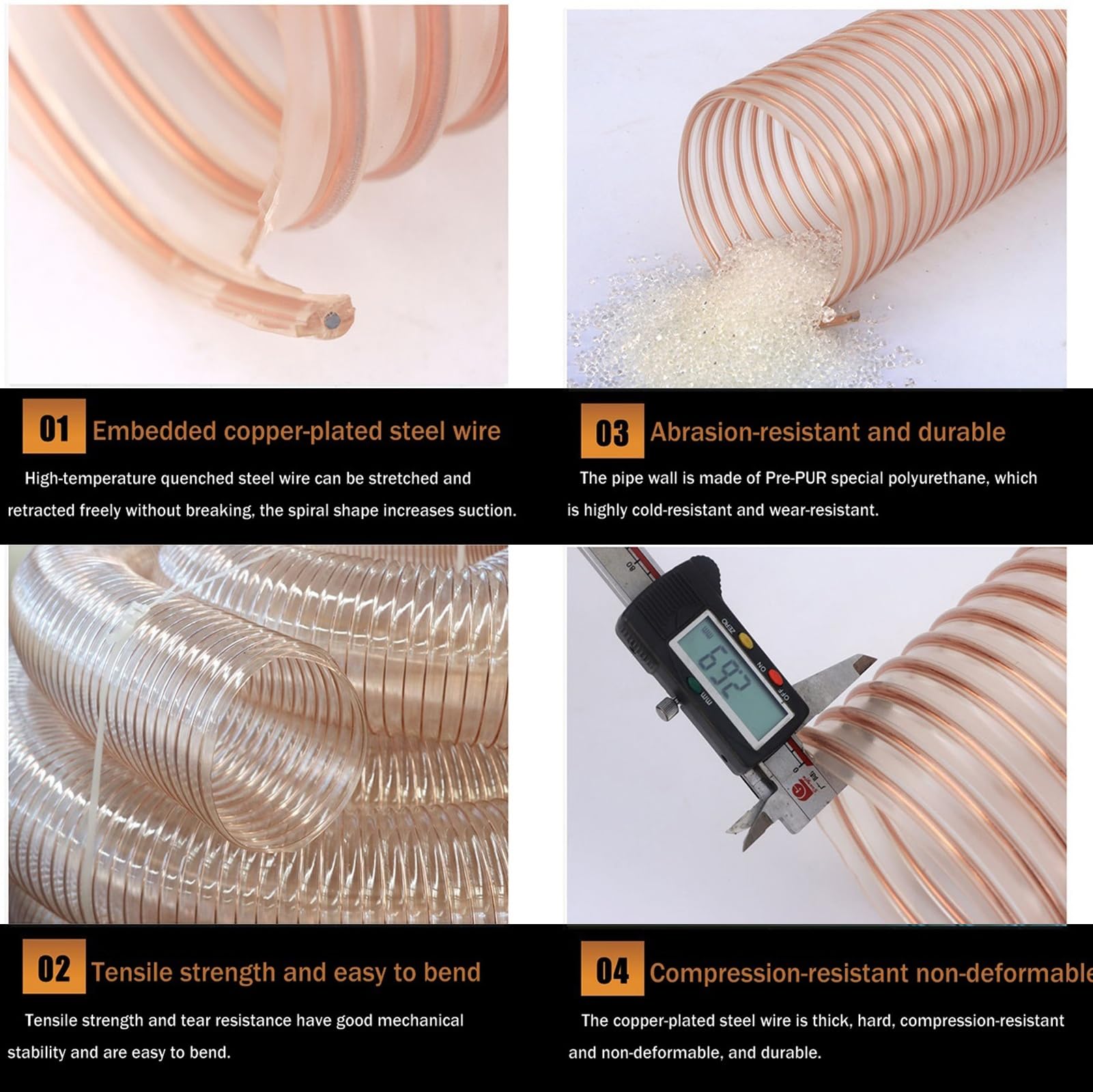 Manguera de recogida de polvo resistente, manguera de vacío flexible transparente con hélice de alambre reforzado, diseño anticolapso para sistemas de polvo de carpintería