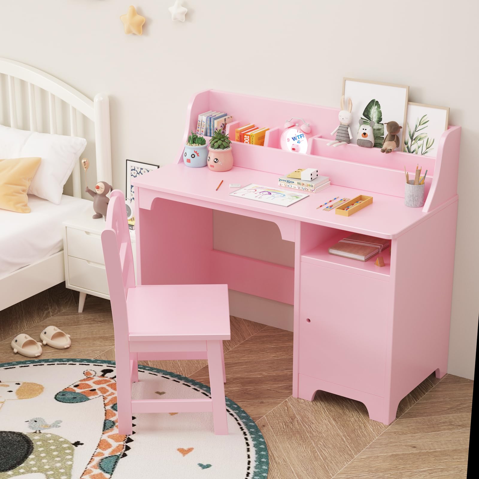 Escritorio Infantil con Silla de Madera con Estantes y Taquilla, Escritorio Infantil con Silla de Madera, Mesa de Aprendizaje Multifuncional para Niños y Niñas de 3+ Años