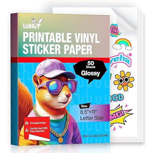 Uinkit 50 Sheets Premium Glossy Printable Vinyl Sticker Paper - Waterproof, Quickly-Dries for Pet Photos & Kids Crafts, Tear-Resistant Decals for Inkjet & Laser Printers (Letter Size 8.5"x11")