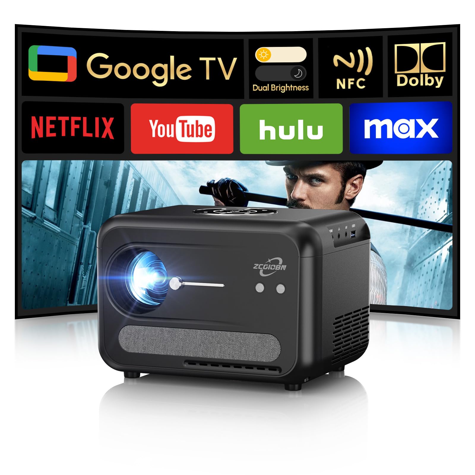 Portable Smart Projector with Google TV, 4K Ultra HD Projector with Dual Brightness Mode Shorter Throw Dolby Audio NFC Wifi Bluetooth for Home Theater Bedrooms Apartments Studios A6G
