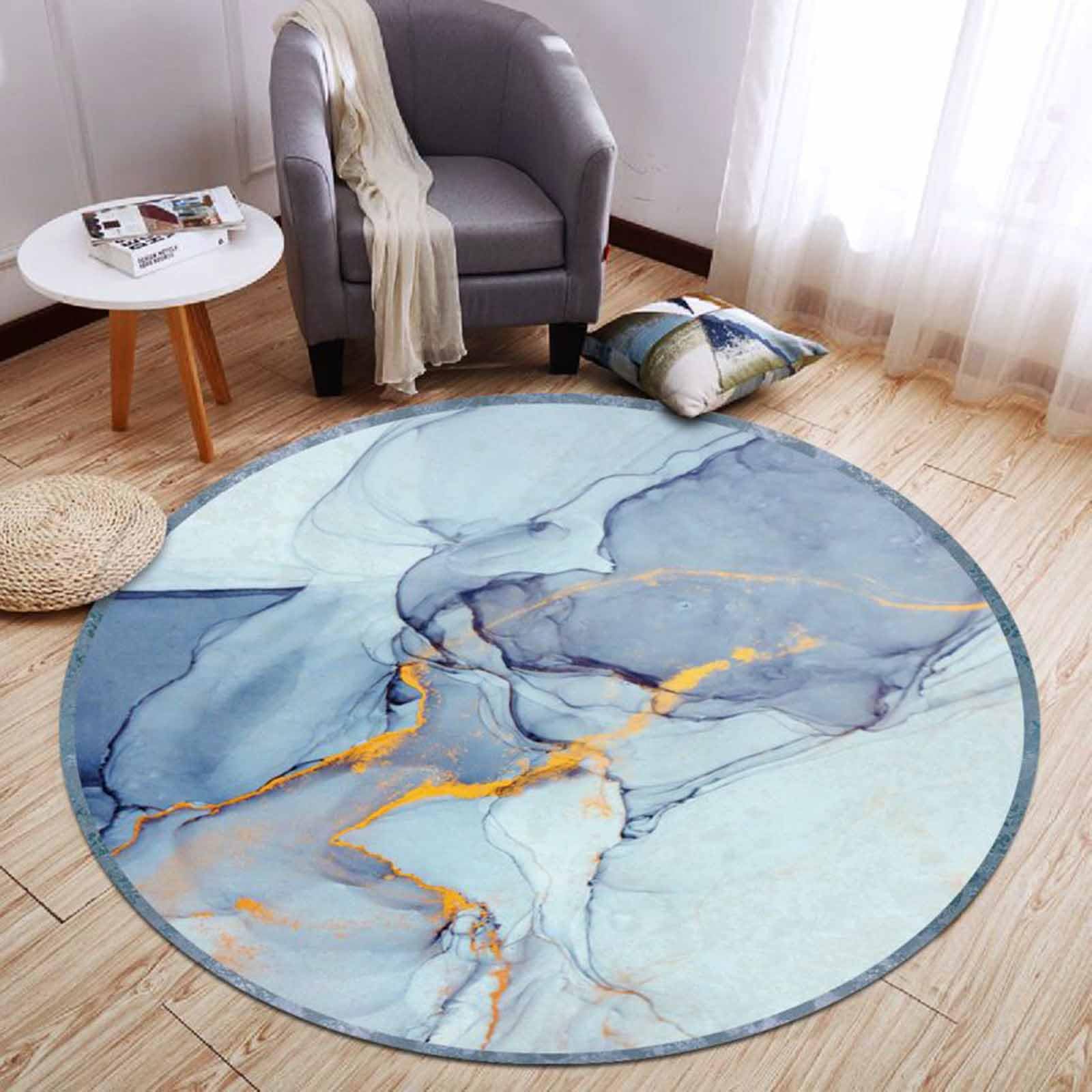Tapis de salon rond bleu or qui ne retient pas la poussière pour allergiques
