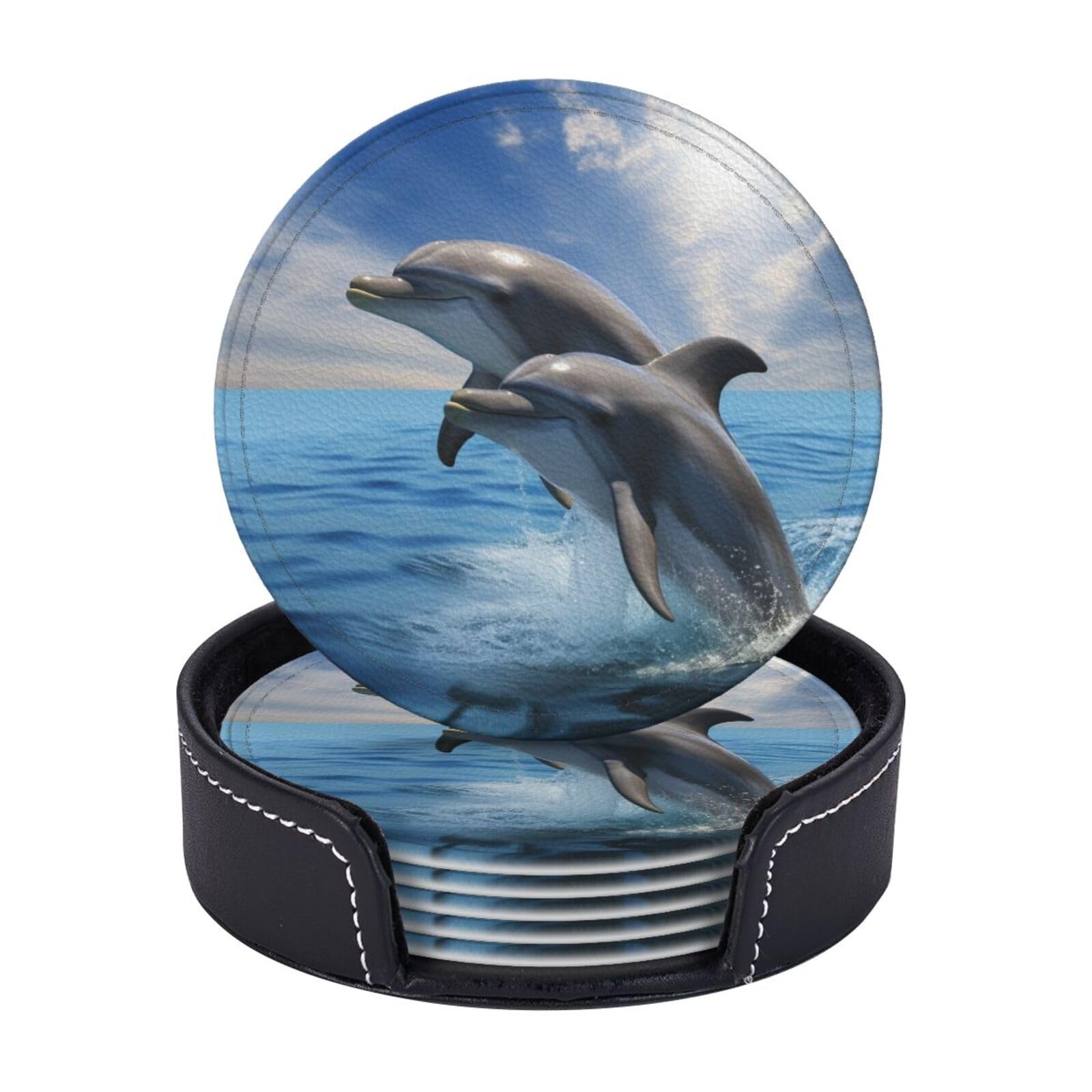 Round Coasters for Drinks Set of 6 - PU Leather Coasters with Holder - Modern Drink Coasters for Coffee Table - Two Dolphins Coaster for Tabletop Protection 4" Cup Mat Pad