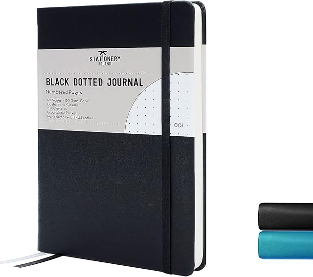 STATIONERY ISLAND Dotted Notebook Black. Hardcover Bullet Grid Journal with 144 Numbered Pages and Premium 120gsm Paper. For Notes, Planning, Study, Travel, Journaling and Projects