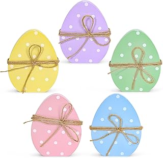 Whaline 5pcs Easter Egg Wooden Table Decor Polka Dots Egg Signs & Tiered Tray with Rope for Home Party Decor