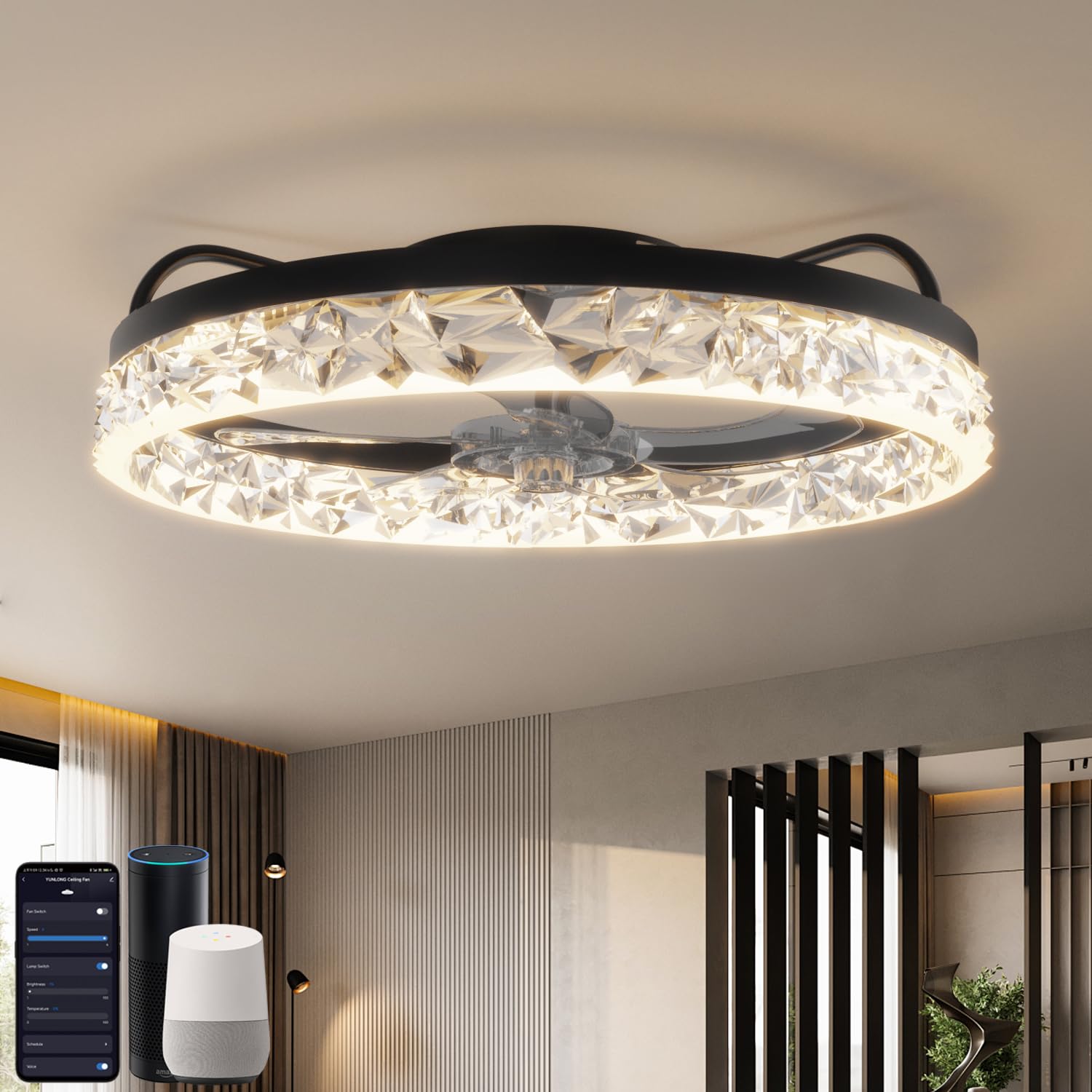 Inteligentna lampa sufitowa z wentylatorem WiFi, kompatybilna z Alexą i Google, possibility of dimming, 5 odwracalnych łopatek, czarna