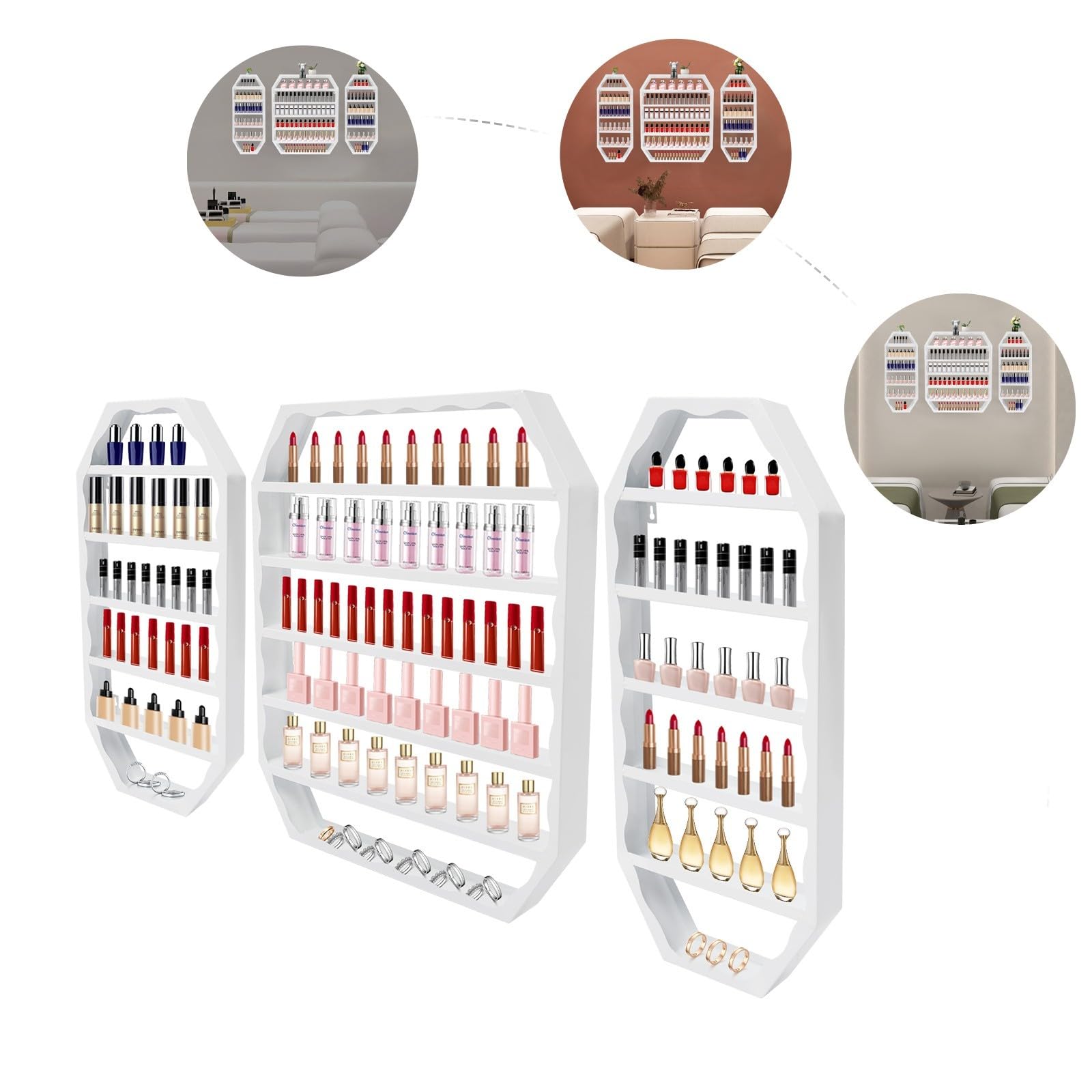 Étagère murale en métal pour vernis à ongles, rangement de vernis à ongles, étagère cosmétique, 3 pièces, 60 cm, 72 cm, pour la maison et le salon de manucure (blanc)
