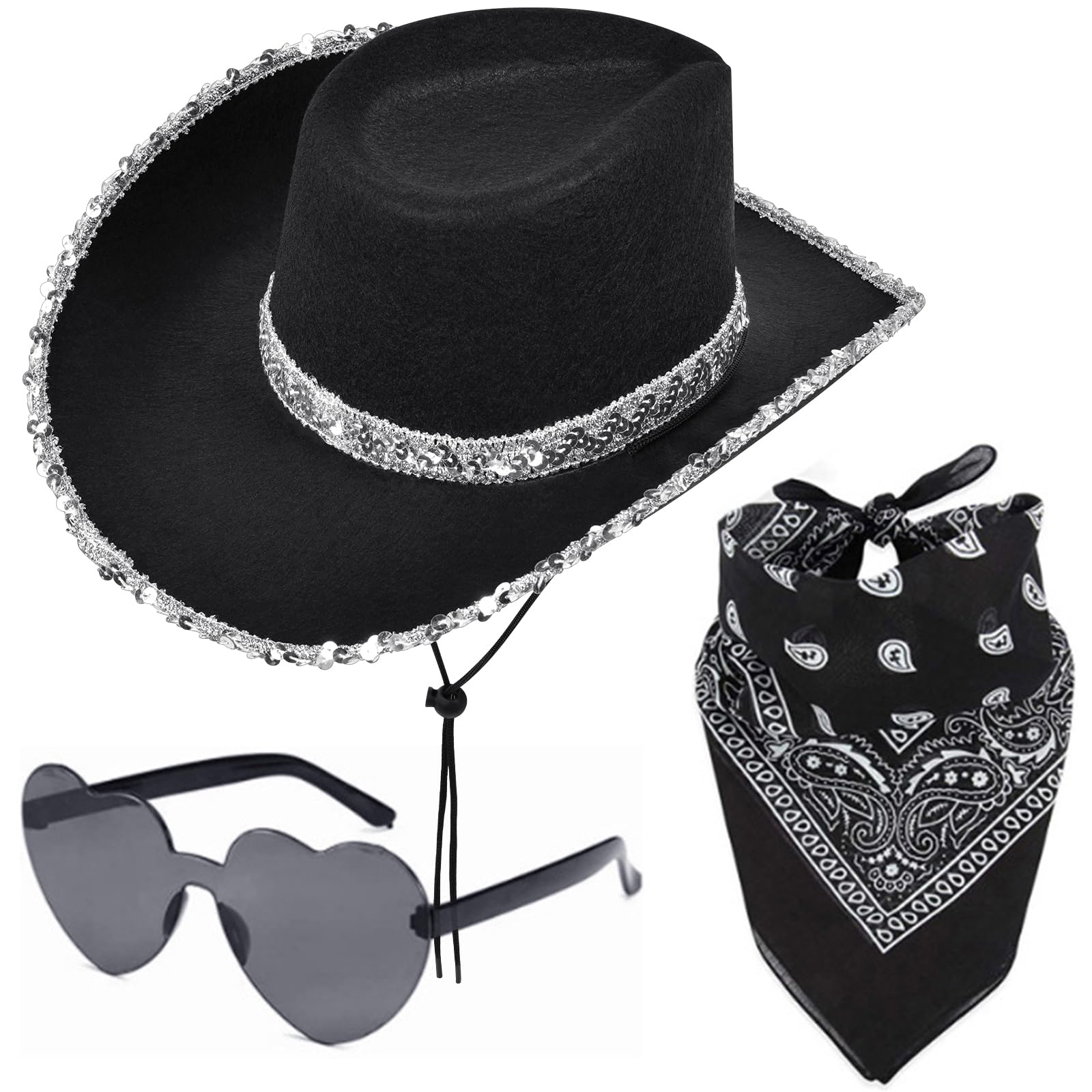 Aomig 3Pcs Cowboy Hat Fancy Dress Accessory, Black Cowboy Costume Set with Paisley Bandanna and Glasses, Western Cowboy Fancy Dress Costume for Birthday Halloween, Bachelorette, Bachelor Party