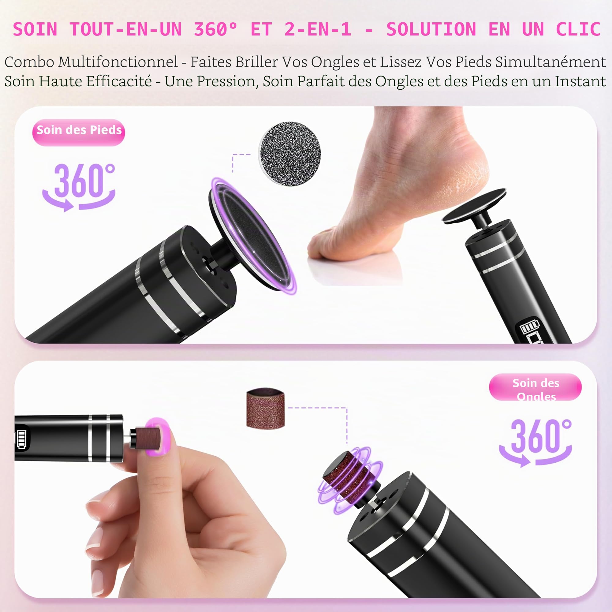 Râpe à Pieds Pédicure Rechargeable, 2-en-1 Électrique pour Pieds et Ongles 9 Vitesses Réglables Kit Rappe Pieds Pédicure Verre Nano & 30 Tampons de Remplacement pour Femmes Hommes Pédicures