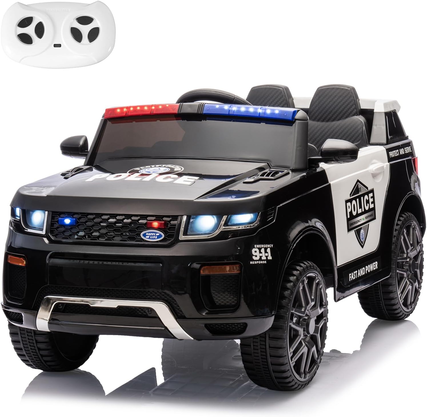 Kids Ride On Police Car 12V Battery Powered Electric Ride-on Vehicle, Flashing Lights w/Parent Remote, Siren, Music, Megaphone, Smooth Start, Suspension, Black