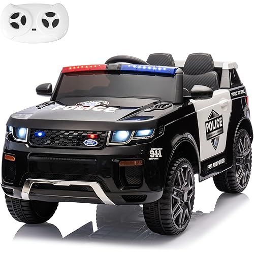 Kids Ride On Police Car 12V Battery Powered Electric Ride-on Vehicle, Flashing Lights w/Parent Remote, Siren, Music, Megaphone, Smooth Start, Suspension, Black