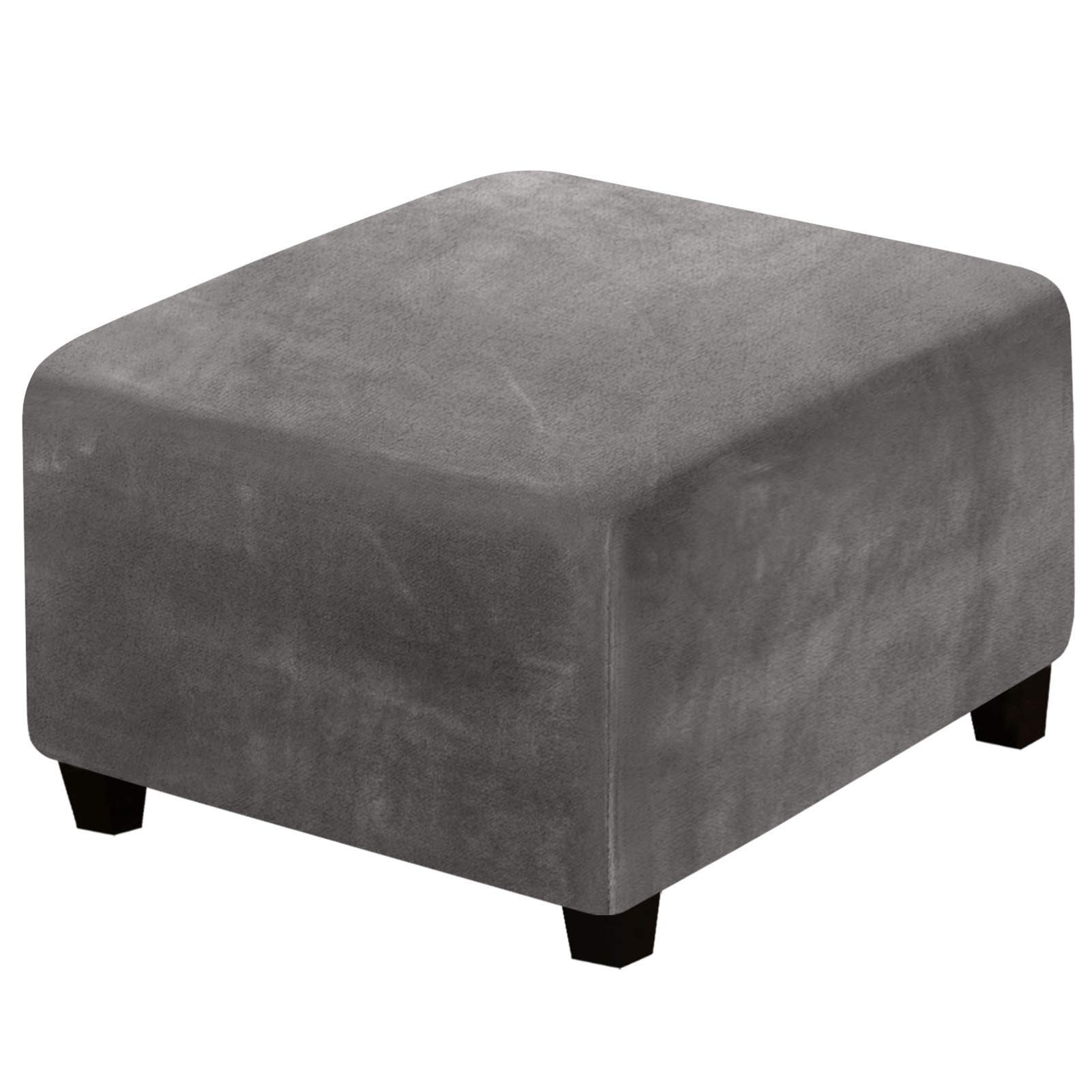 XJHKG Footstool Cover Velvet, Square Stretch Footrest Foot Stool Storage Ottoman Pouffe Slipcover Sofa Protector with Elastic Bottom (Gray)