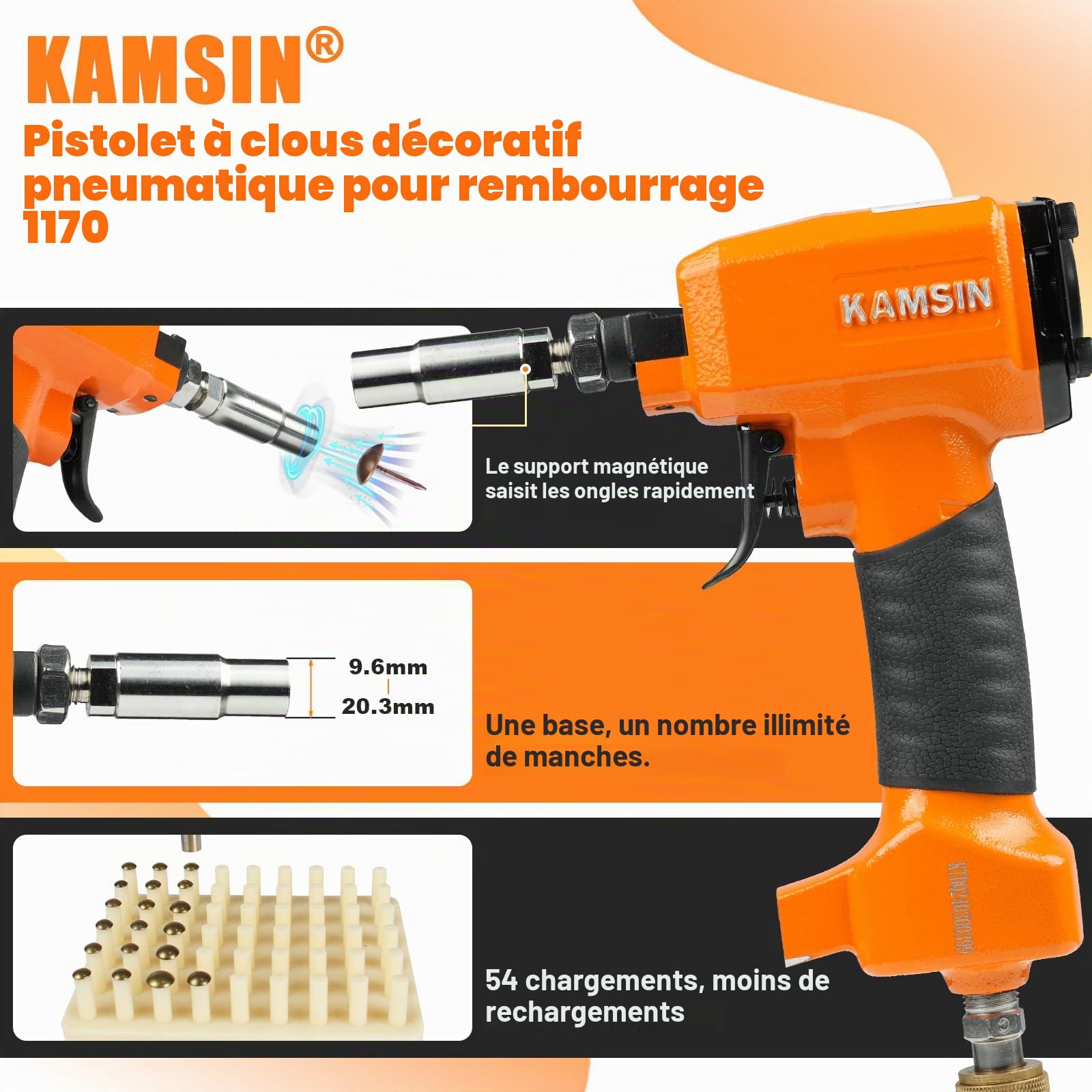KAMSIN 1170 Cloueuse décorative pneumatique avec panneau de charge et manchon remplaçable, pistolet à clouer à air pour clous de tapisserie, épingles de tapisserie | Positionnement magnétique, plateau de chargement 54 agrafes, profondeur réglable, compati