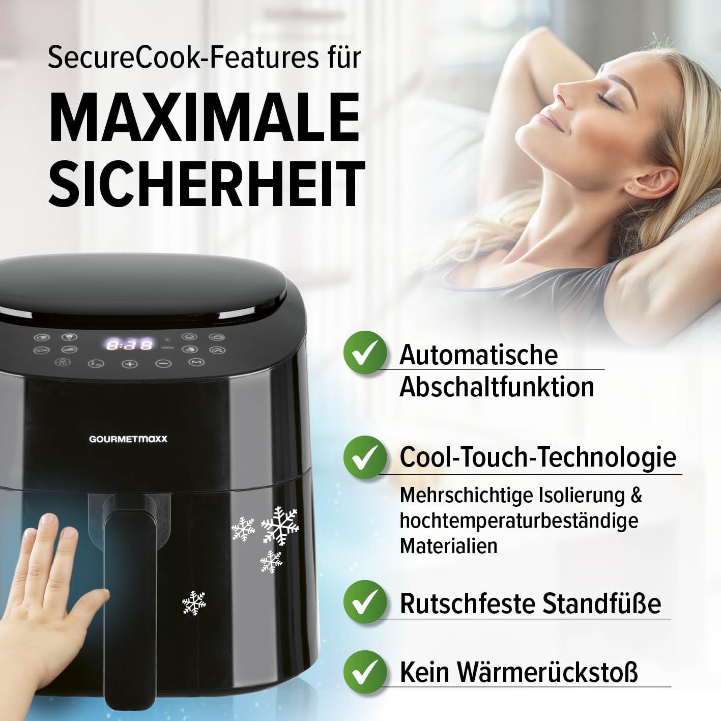 GOURMETmaxx Heißluftfritteuse | 4,5L Airfryer | Timer & Touchscreen | Fritteuse mit 9 Funktionen & 8 Programmen | energiesparend frittieren, nahezu ohne Öl | Minibackofen - 1400 W