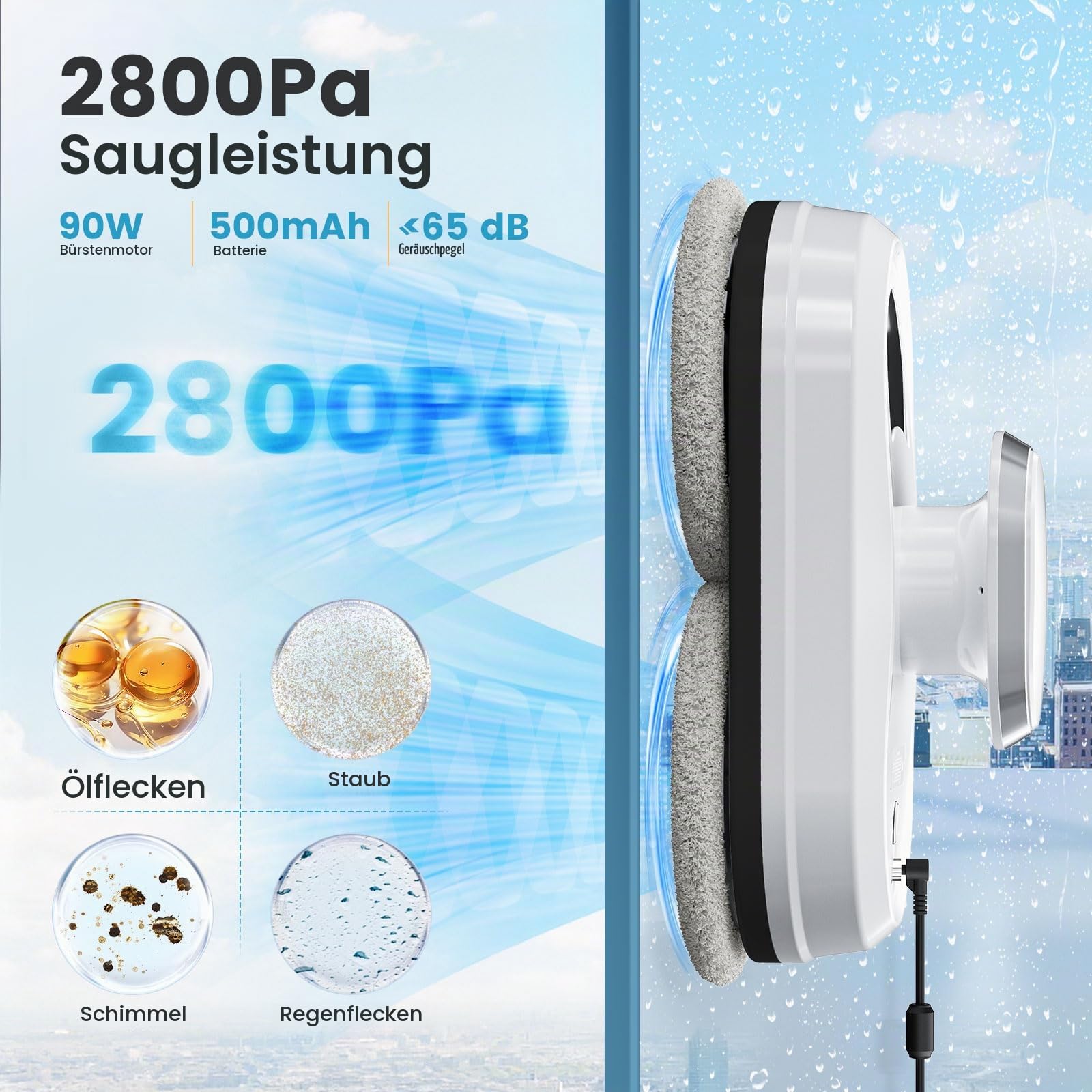 Fensterputzroboter 3000 PA 0.35m/min Saugleistung Glasreinigungsroboter Elektrischer Fensterreiniger mit Fernbedienung Richtungen ferngesteuertes Automatischer Fensterroboter
