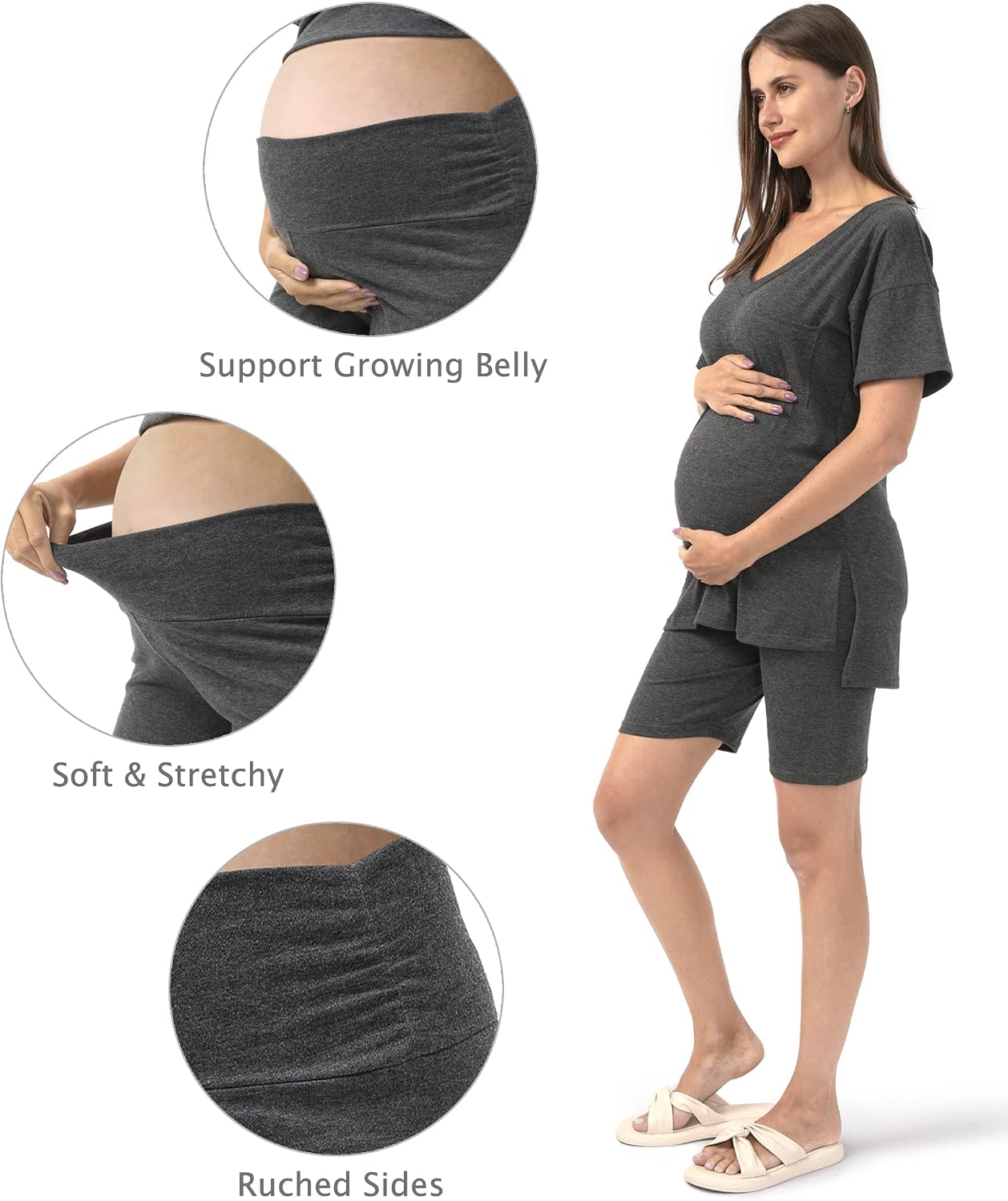 SUNNYBUY Maternity Lounge Sets 2 Piece Outfits, V Neck Short Sleeve Top & Biker Shorts, Pregnancy Postpartum Loungewear