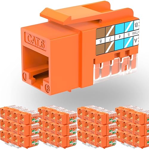 Miniatura 10 de Rapink RJ45 Keystone Jack Cat6 10G de soporte, módulos Keystone Jacks UTP 25 unidades para placa de pared y panel de conexiones, Keystone RJ45 de 90