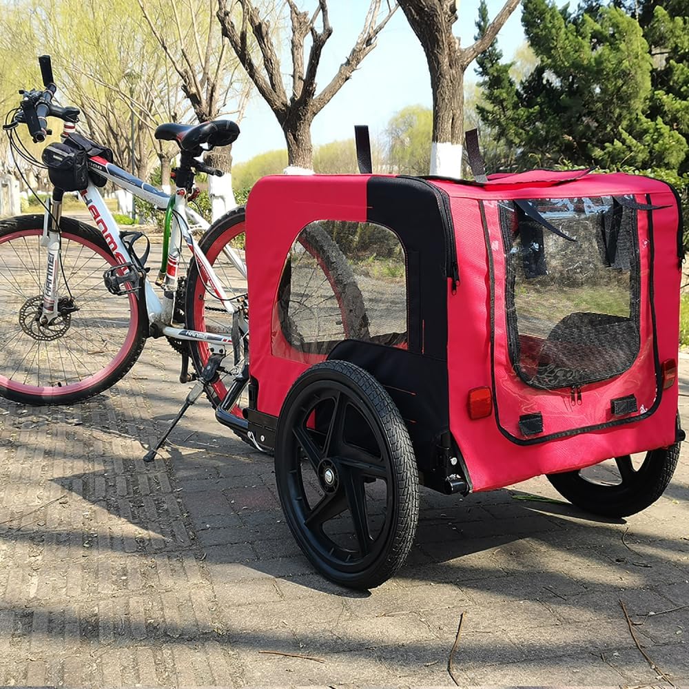 Pet Bike Trailer Dog Cart for Bicycle,for Small and Medium Pets, Quick Release Wheel, Non-Slip Floor, Internal Leash (Red + Steel + Oxford Fabric)