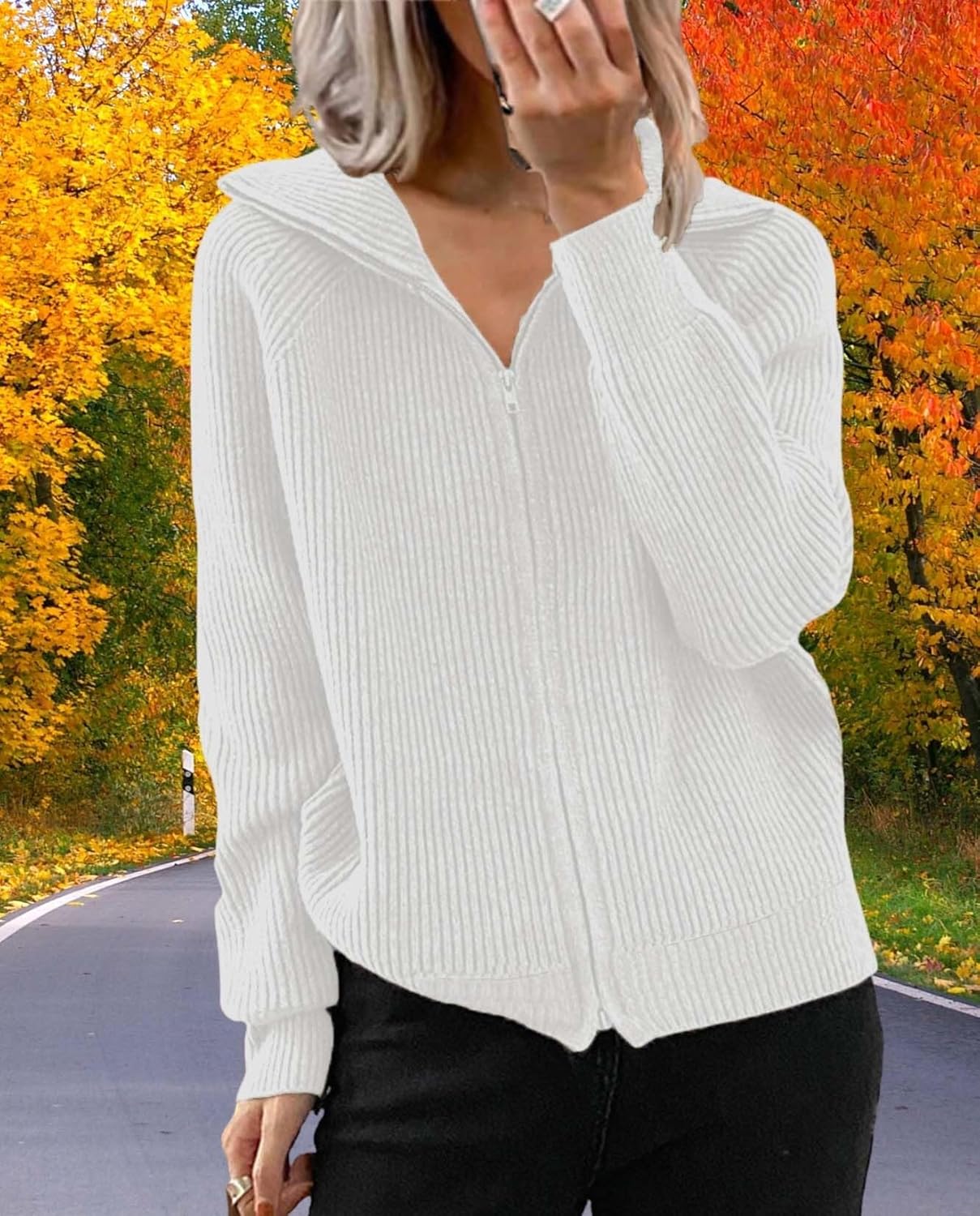 Womens Zipper Long Sleeve Casual Loose Cardigan Cable Knit Solid Color Sweater Jacket Fashion Autumn Womens - Image 6