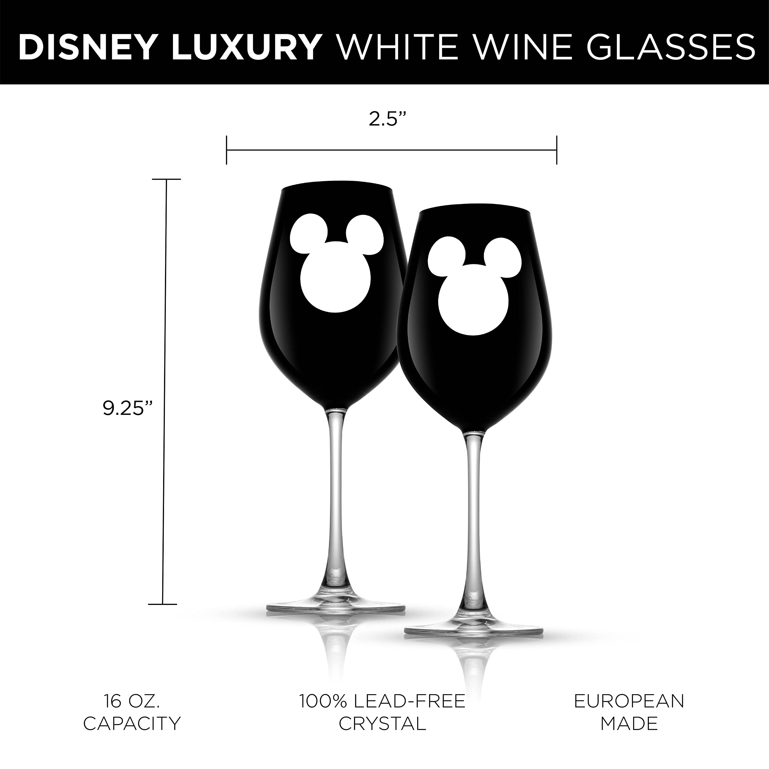 Amazon.com | JoyJolt Disney Luxury Mickey Mouse Stemmed White Wine Glasses.  European Crystal Wine Glasses Set of 2 Drinking Glasses. Xmas Disney Stuff,  Gifts and Cups. 16oz Black Wine Glass, Disney Wine