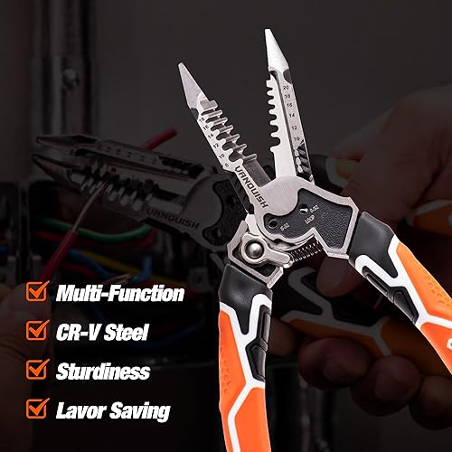 Miniatura 5 de VANQUISH Pelacables multifuncional 8 en 1, herramienta de corte de alambre (8-18 AWG sólido, 10-20 AWG trenzado), cortador de pernos, desbarbado,