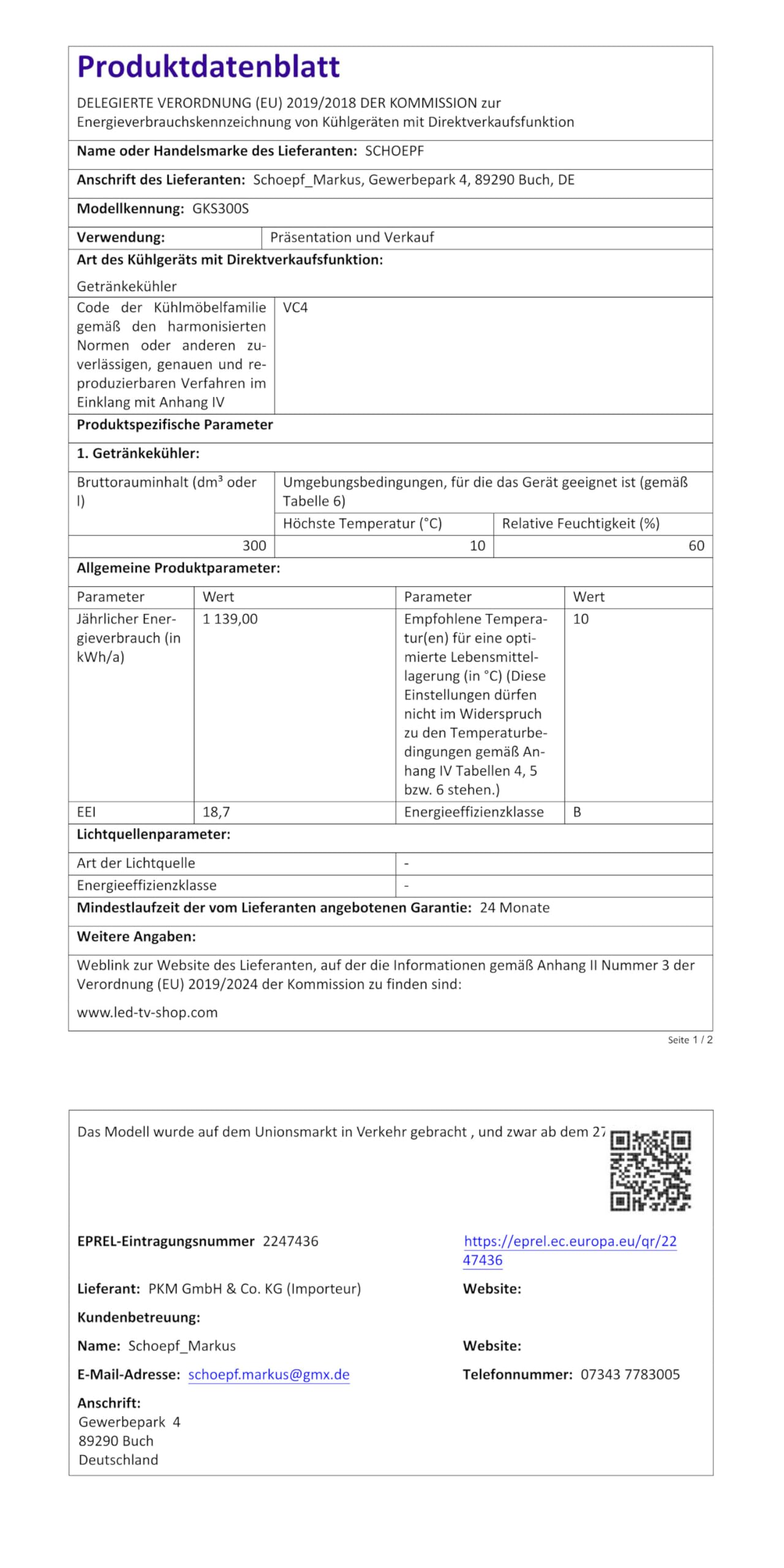 SCHOEPF Getränkekühlschrank GKS300 300L Glastür Umluft 169cm Schwarz