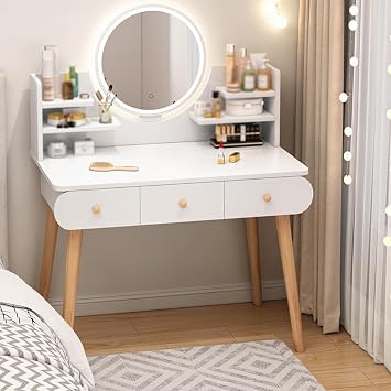 Makeup Vanity Desk, Lighted Mirror for Vanity Table, Vanity Table with Drawers, Adjustable Brightness, Makeup Table with 3 Drawers, for Bedroom Vanity Desk with Storage LED Vanity Desk