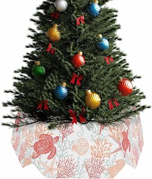 Turquoise Orange Summer Coastal Christmas Tree Collar Tree Box Stand Cover,Ocean Coral Shell Turtle Starfish Artificial/Pencil/Silm/Skinny Tree Ring 6 Packs Collapsible Tree Skirt,14.5"x10"