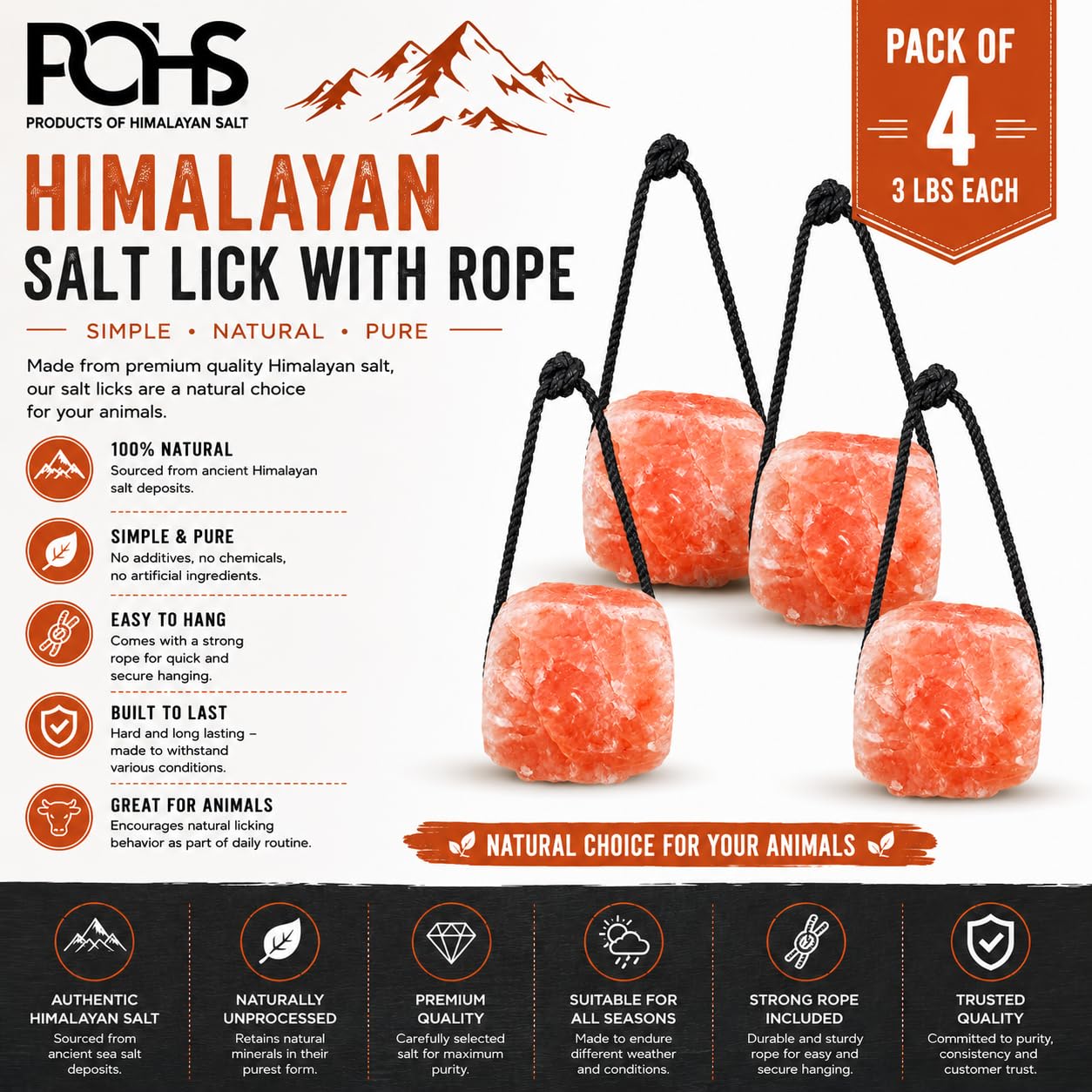 POHS Himalaya-Salz-Leck am Seil je 1,4 kg (4 Stück) für Pferde & Nutztiere - Natürlicher rosa Mineralsalzblock - Salzleck für Ziegen, Hirsche, Rinder & Nutztiere - Langlebiger Himalaya-Salzblock