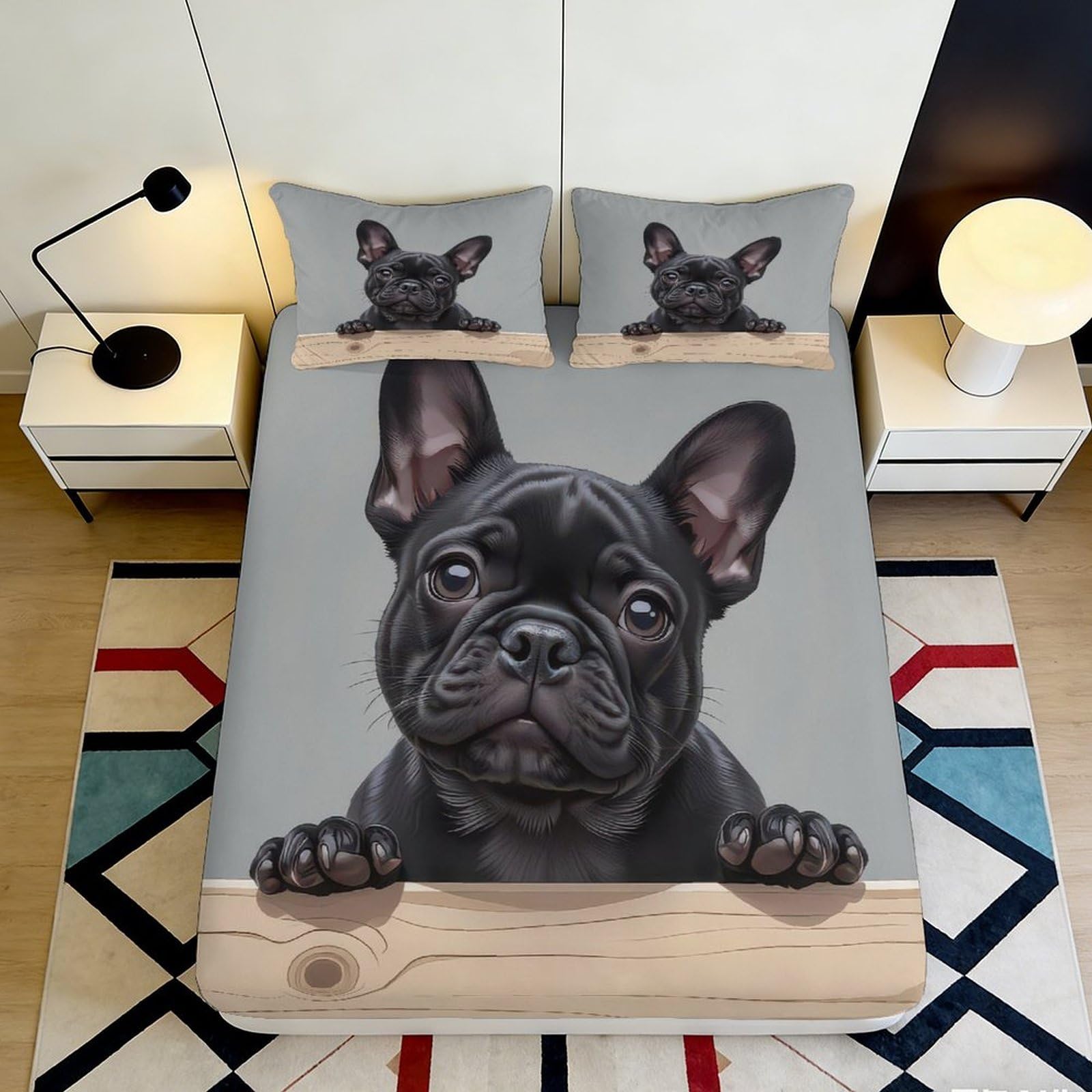 3D Printed Black French Bulldog Fitted Sheet Microfiber Soft Durable Puppy Bed Sheet for Bedroom Dormitory Guest Room Mattress Protection Decor 180x200x25cm