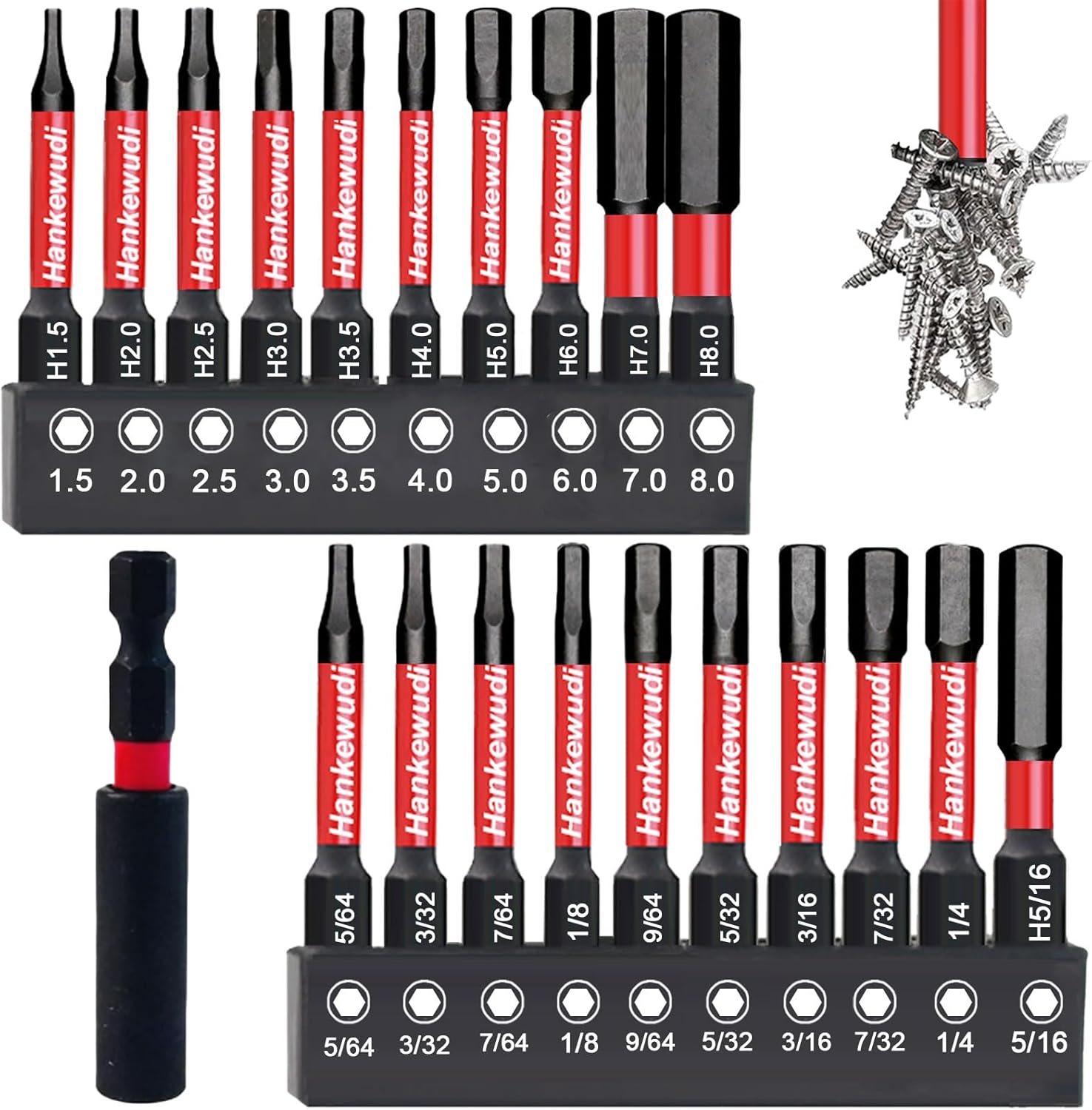 21 Piece Impact Hex Head Allen Wrench Drill Bit Set, CNC Machined S2 Steel Magnetic (Metric & SAE) 1/4" Hex Shank Hex Bits Set For 2 Inch Lengths, with 2.36" Bit Holder & Rugged Storage Box