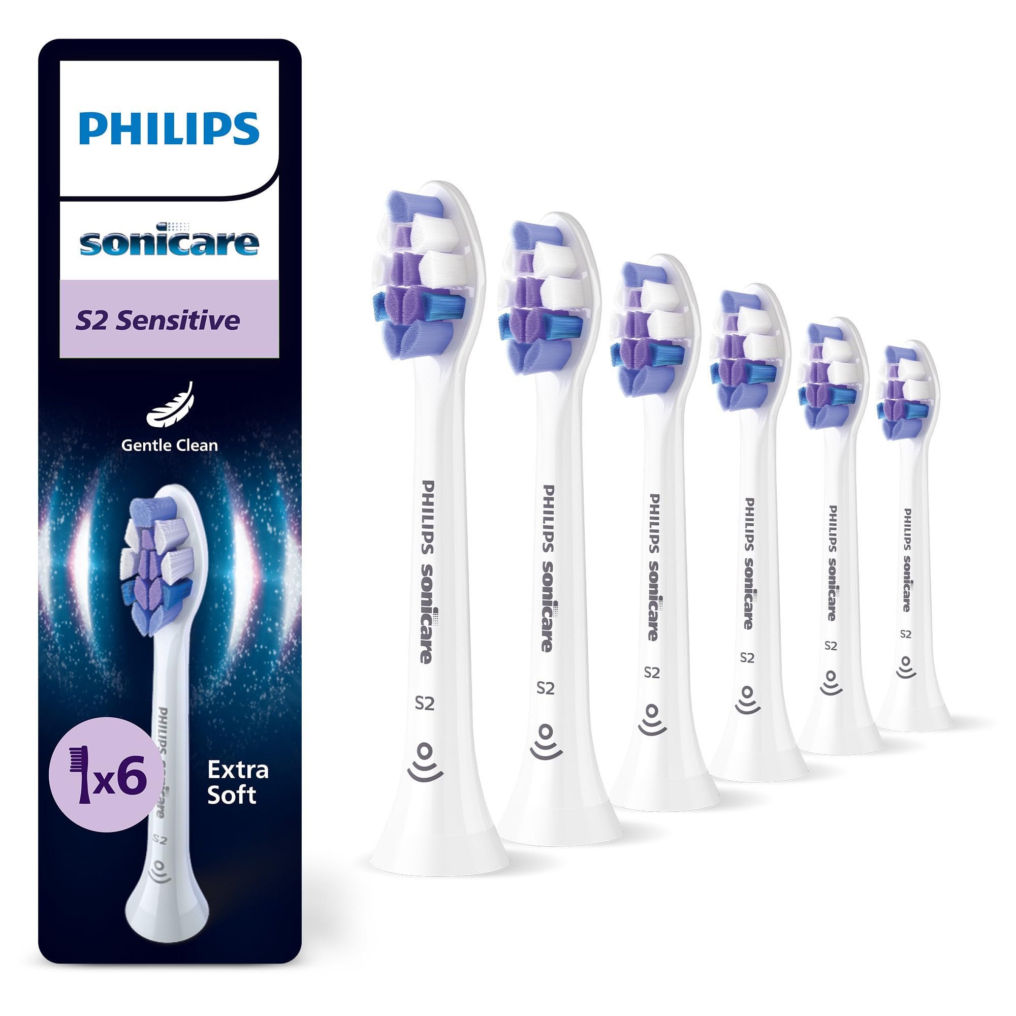 PHILIPS Sonicare S2 Sensitive, testine di ricambio originali, bianco, confezione da 6, HX6056/87, Nuovo, 6 Testine