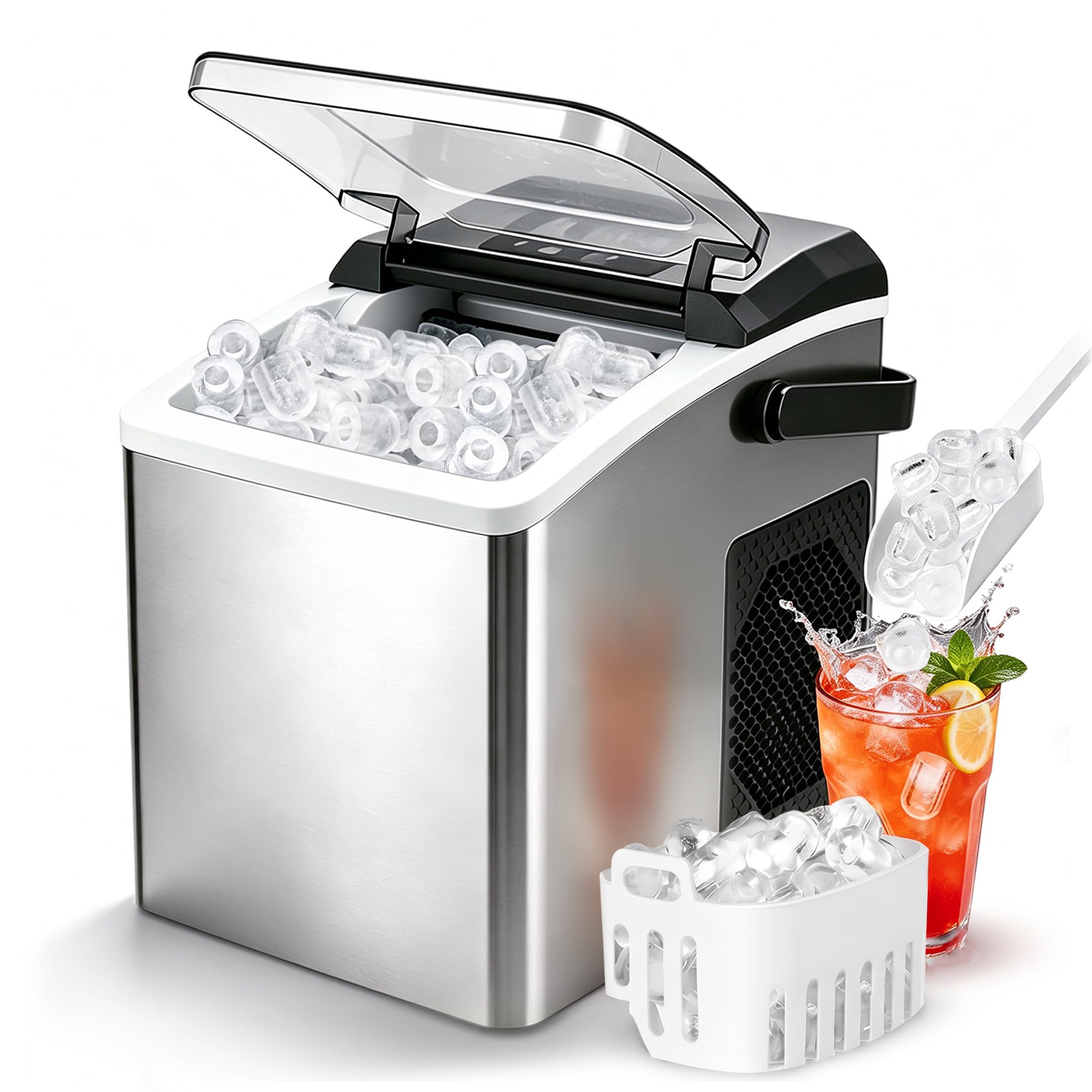 Citybee Macchina del Ghiaccio 12kg/24h con Maniglia Portatile, 2 Dimensioni di Ghiaccio, Silenzioso, 9 Cubetti in 6 Minuti, Ice Maker con Maniglia/Paletta/Cestello, Per Casa, Ufficio, Camper e Cucina