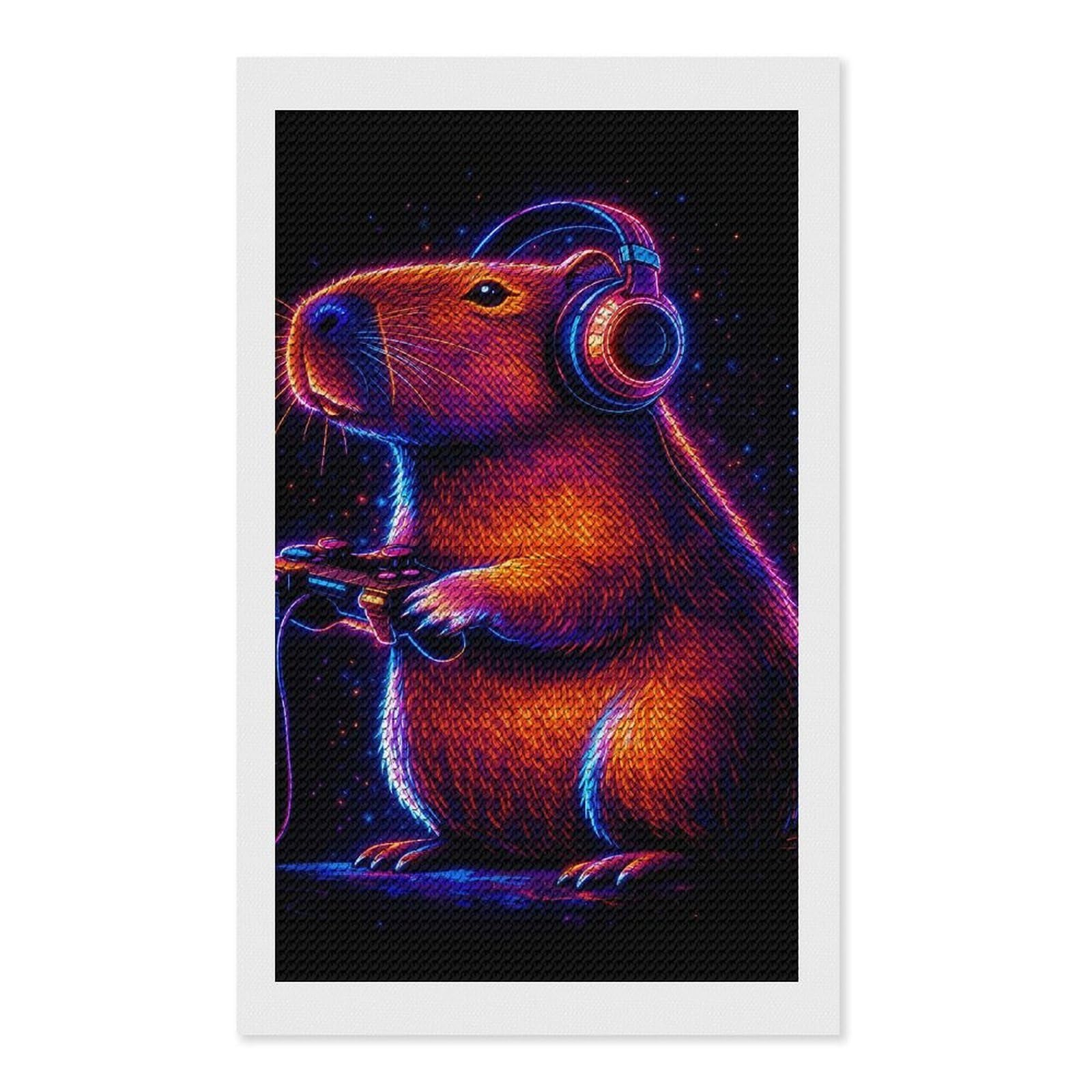 Junmoney Capybara Gamer with Neon Headphones DIY Diamond Art Canvas Kit 12"x20", Complete Accessories, Creative Leisure Activity, Home Wall Decor, Gift Idea