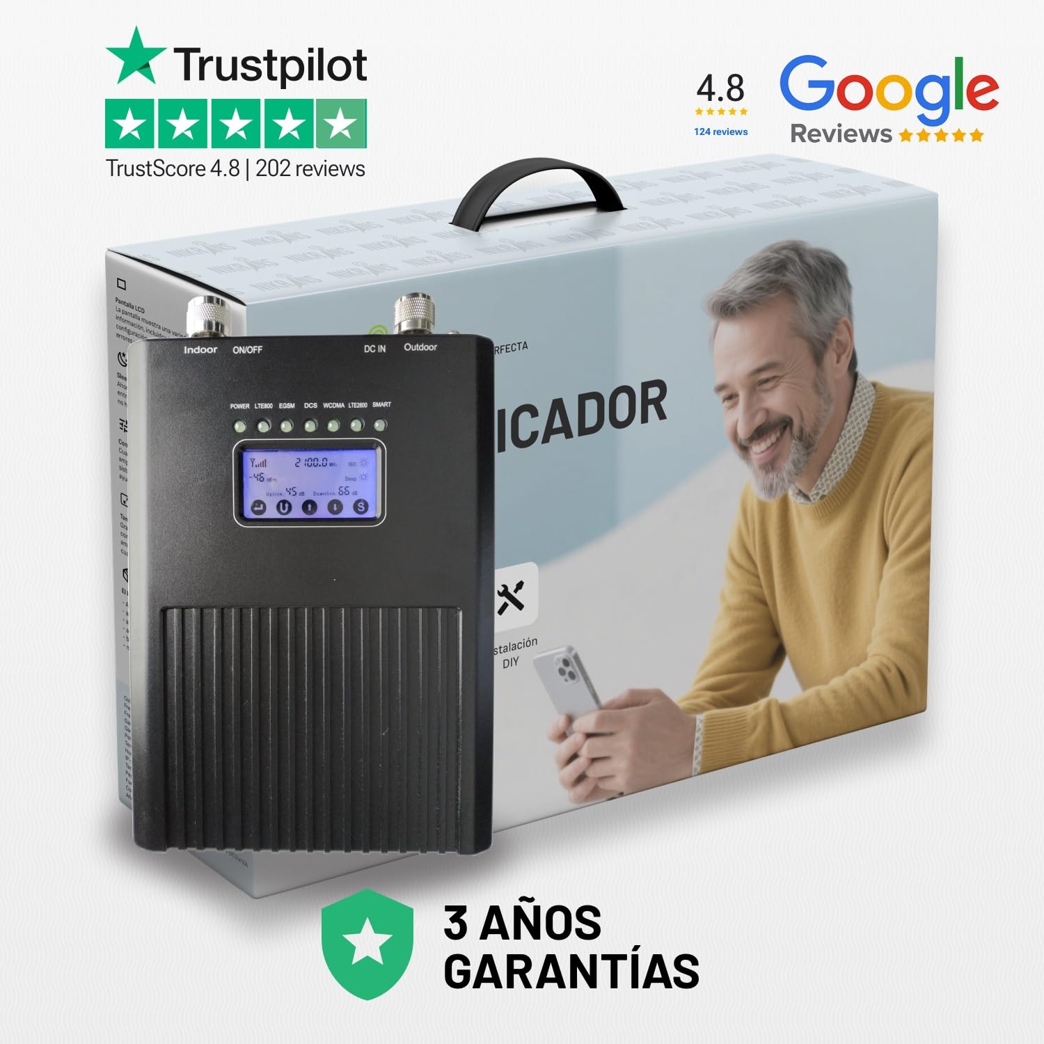 Amplificador de Señal Móvil para Llamadas, 3G, 4G, 5G – Hexabanda (700/800/900/1800/2100/2600 MHz) – Cobertura hasta 300 m² – Compatible con Todos los Operadores – CE y RoHS