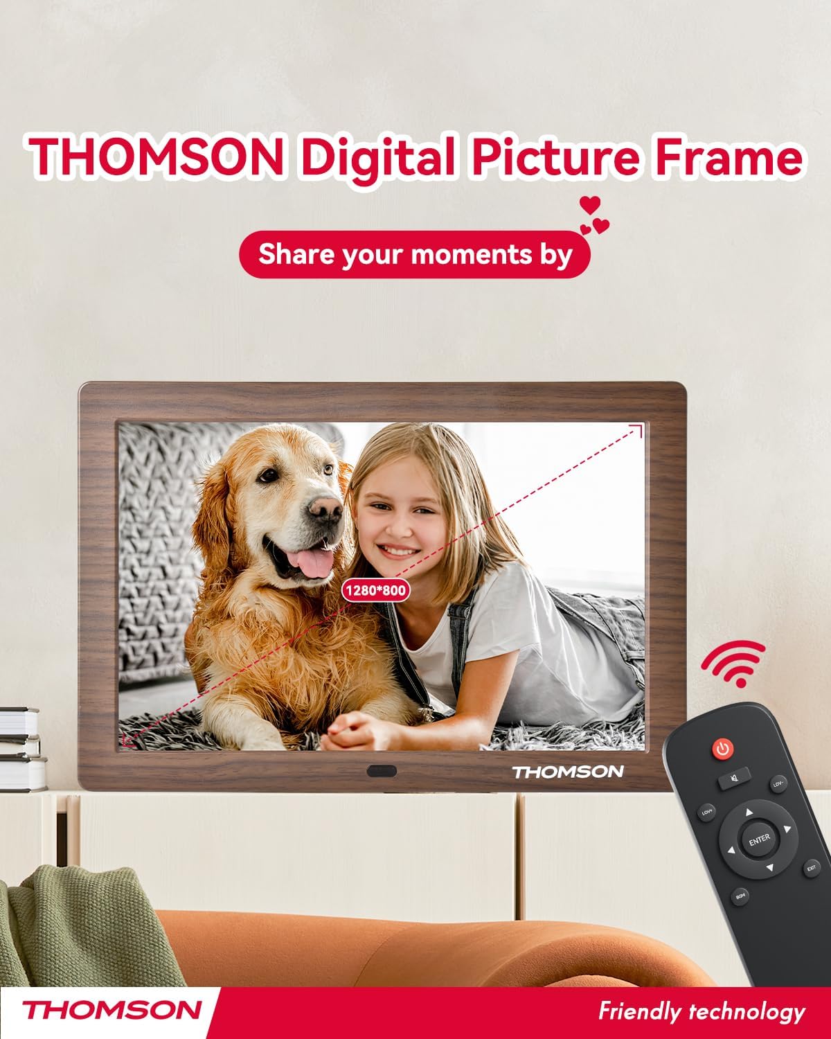 THOMSON 8" Digital Picture Frame, 1280 * 800 IPS Full View Ultra Clear Screen with Remote Control, Wooden Frame, Share Videos Photos Send Wishes Auto-Rotate Slideshow Non-WiFi (8 Inch Non-WiFi)