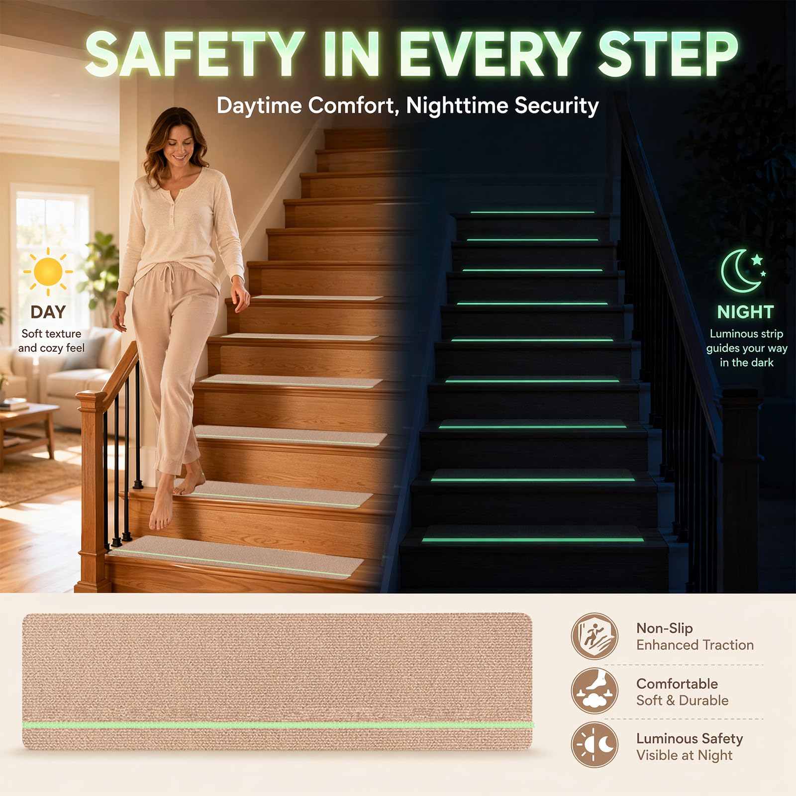 15ps Treppenmatten Matten Antirutsch Selbstklebend mit Glow-Streifen-Beige