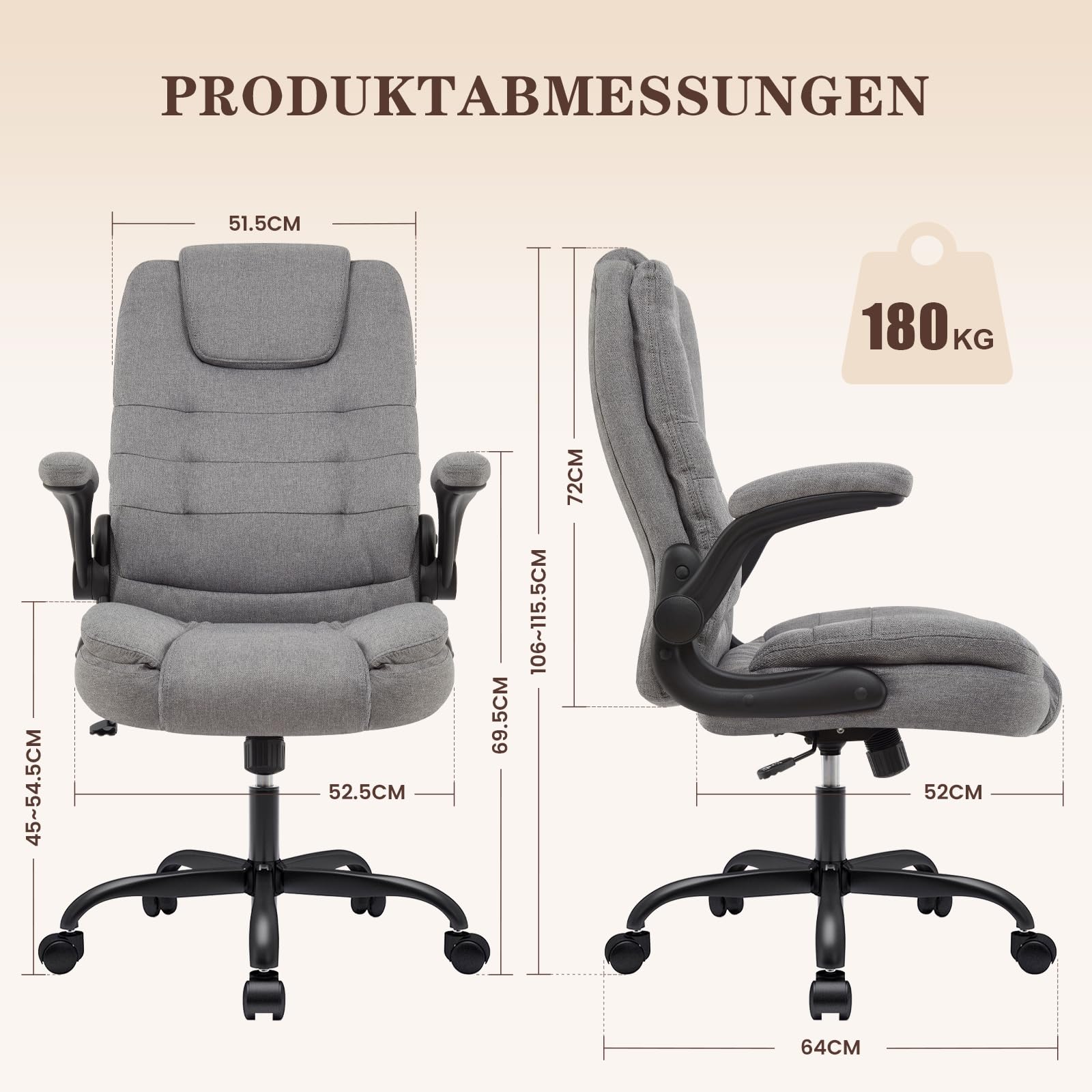IWMH Ergonomischer Bürostuhl,Schreibtischstuhl mit Hochklappbaren Armlehnen | Chefsessel Stoff Hohe Rückenlehne Höhenverstellbar für Home Office & Büro (Grau)