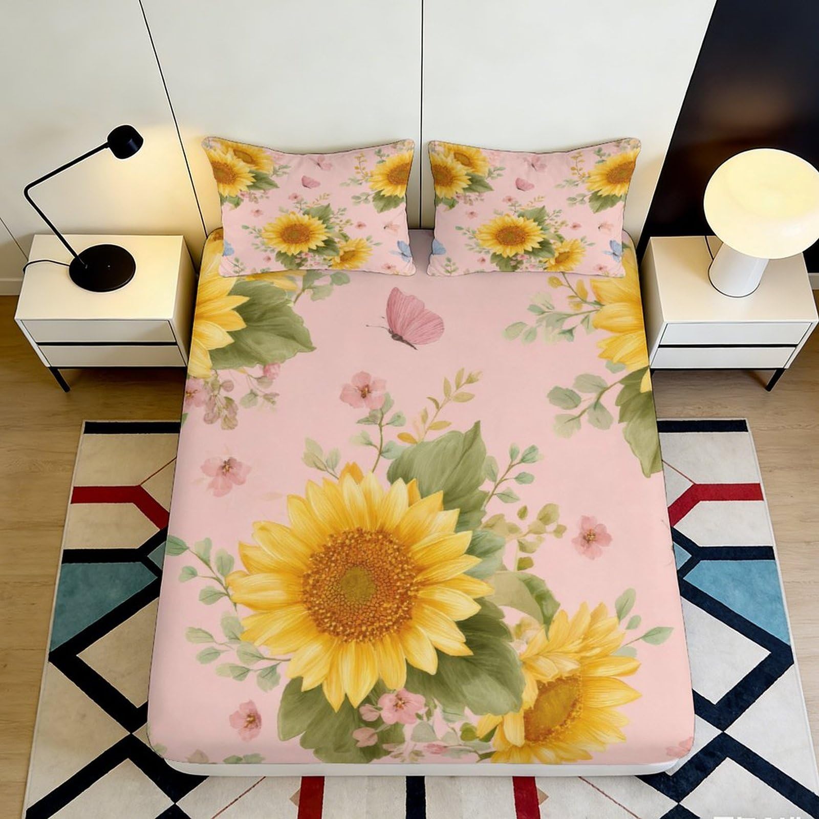 3D Printed Sunflower Butterfly Fitted Sheet Microfiber Soft Pink Floral Mattress Cover for Bedroom Guest Room Dorm Decor 120x200x25cm