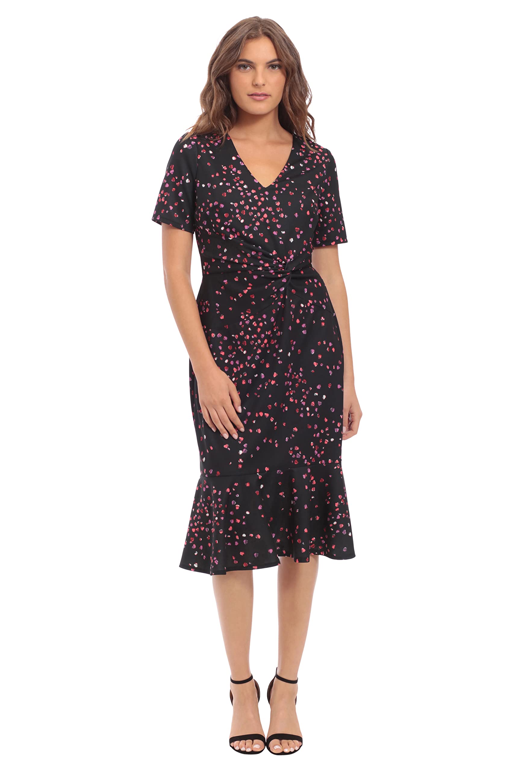 London Times Women's V-Neck Dress - Flounce Hem, Twist Waist, Elegant Office &amp; Event Wear