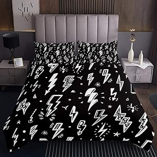 Homewish Lightning Bedspread Hand Drawn Doodle Lightning Bolt Coverlet Set 3pcs for Kids Boys Thunderbolts Quilted Coverlet Microfiber Bedding Set (1 Bedspread + 2 Pillow Cases) Queen Size