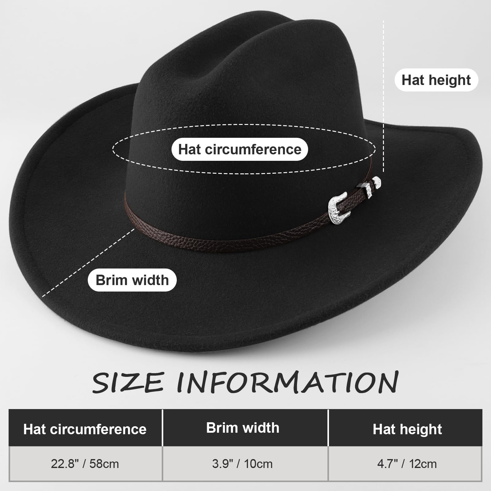 DRESHOW Cowboyhut für Damen & Herren Viehzüchter Western Filzhut Cowgirlhut mit Formbarer Breite Krempe und Schnallengürtel Unisex Aufrollbare Krempe Hut