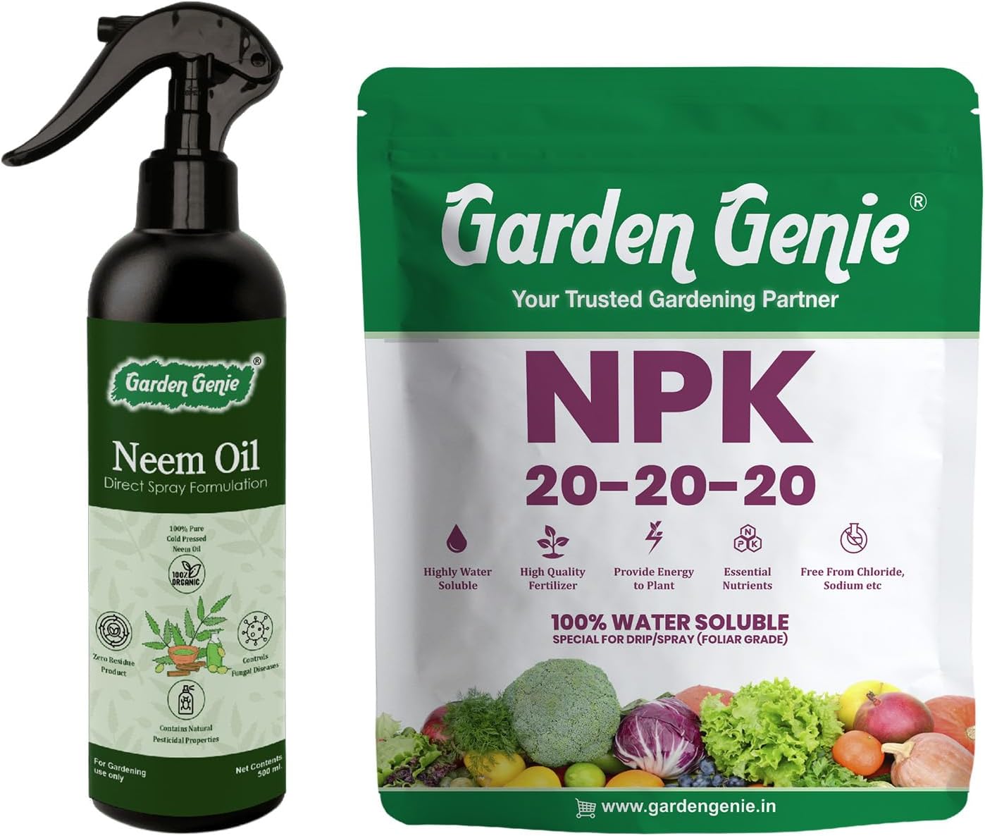 Garden Genie Neem Oil Spray 250ml + NPK 20 20 20 Fertilizer 400g | Organic Pest Control & Complete Plant Food | Indoor Outdoor Garden Use | Plant Care Kit for Healthy Growth