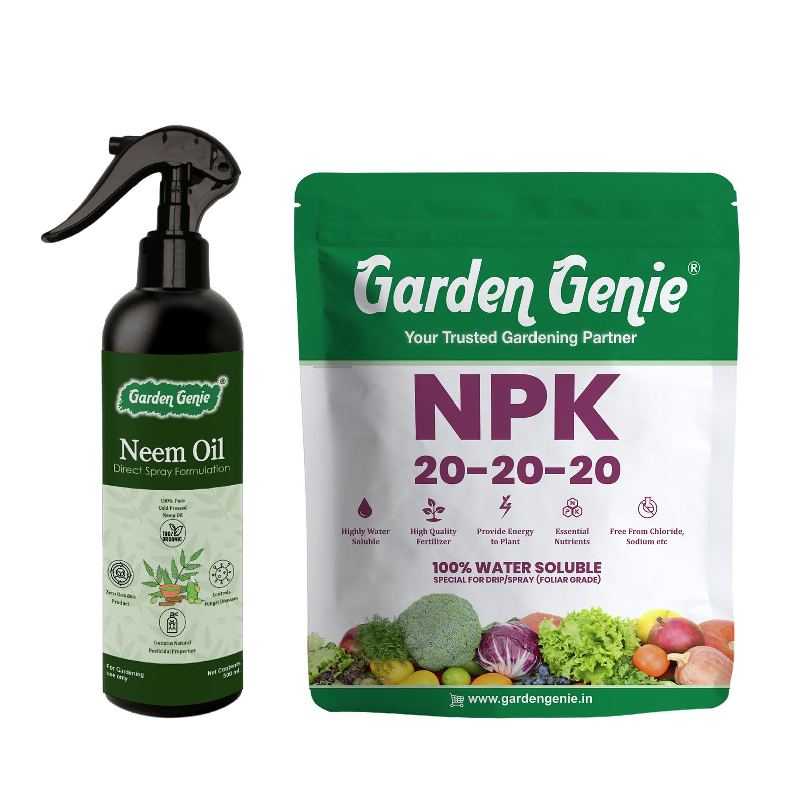 Garden Genie Neem Oil Spray 250ml + NPK 20 20 20 Fertilizer 400g | Organic Pest Control & Complete Plant Food | Indoor Outdoor Garden Use | Plant Care Kit for Healthy Growth