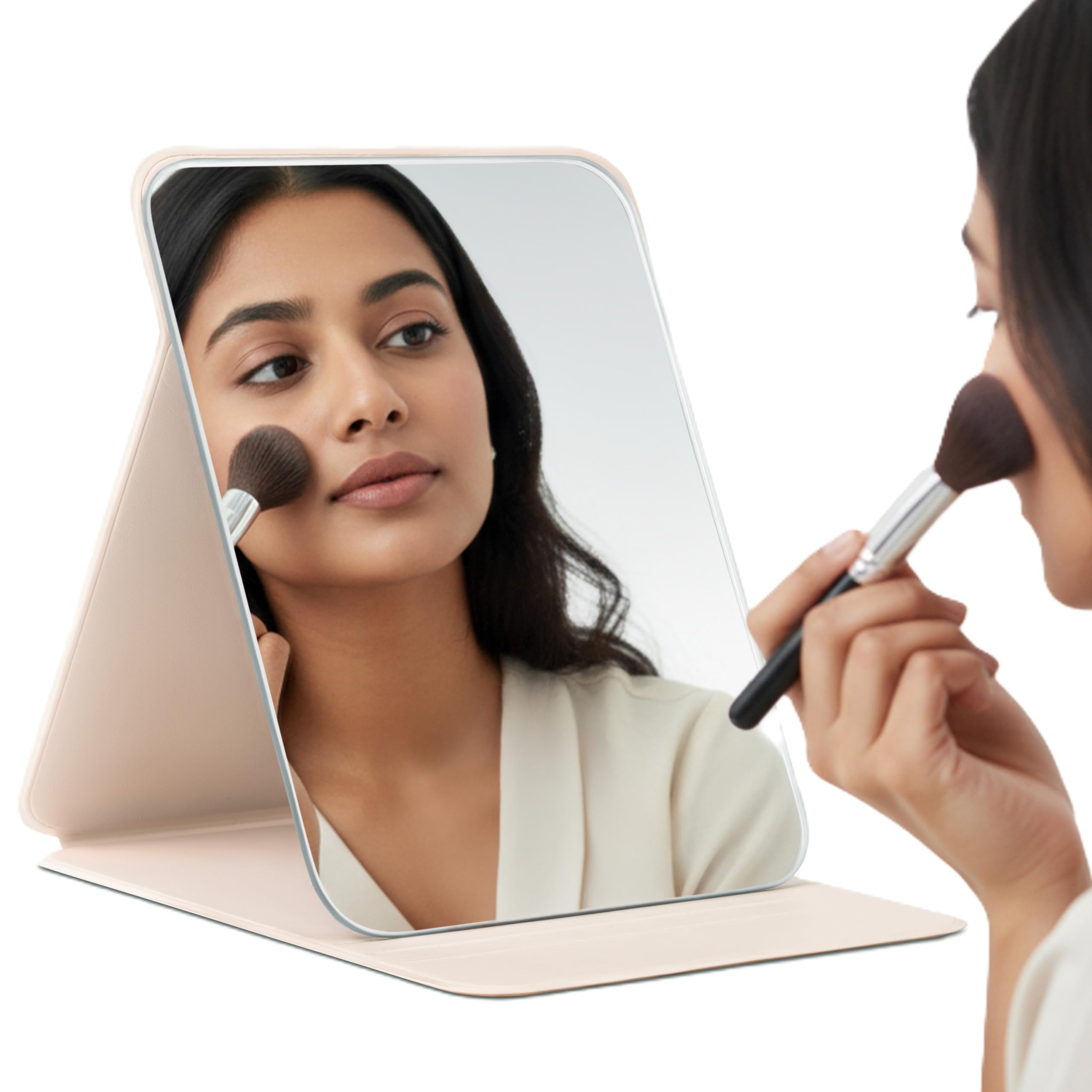 MARS Foldie-Portable Makeup Mirror with Adjustable Stand | HD Frameless Beveled Design | Travel-Friendly PU Leather Vanity Mirror for Desk, Dresser & Bathroom (Cream)-picture-27