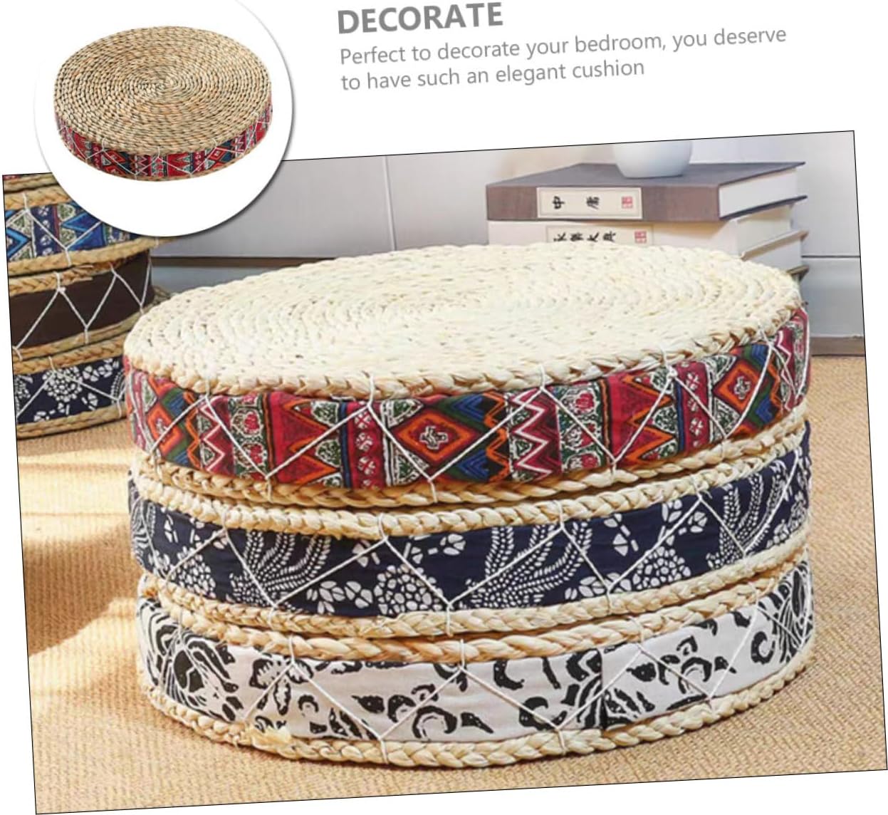 Cabilock Woven Floor Cushion Meditation Pillow Straw Seat Pad Japanese Style Round 30cm Diameter 7cm Height Bohemian Red Sitting Cushion for Indoor Patio and Yoga